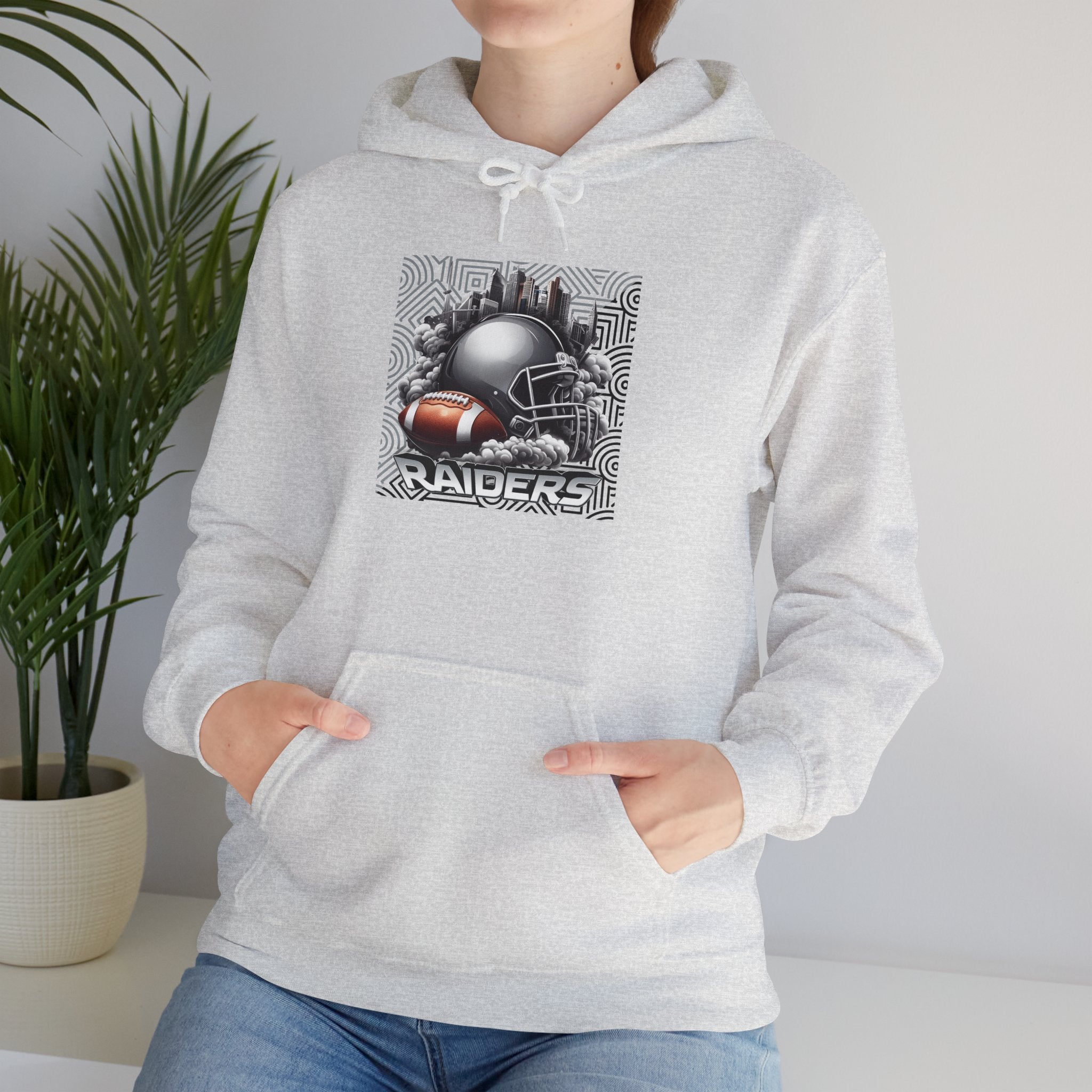 Gray Football and Helmet Shield Raiders Hoodie - Bold and Dominant, Ultimate Game-Day Gear, Raiders Football Hoodie Unisex