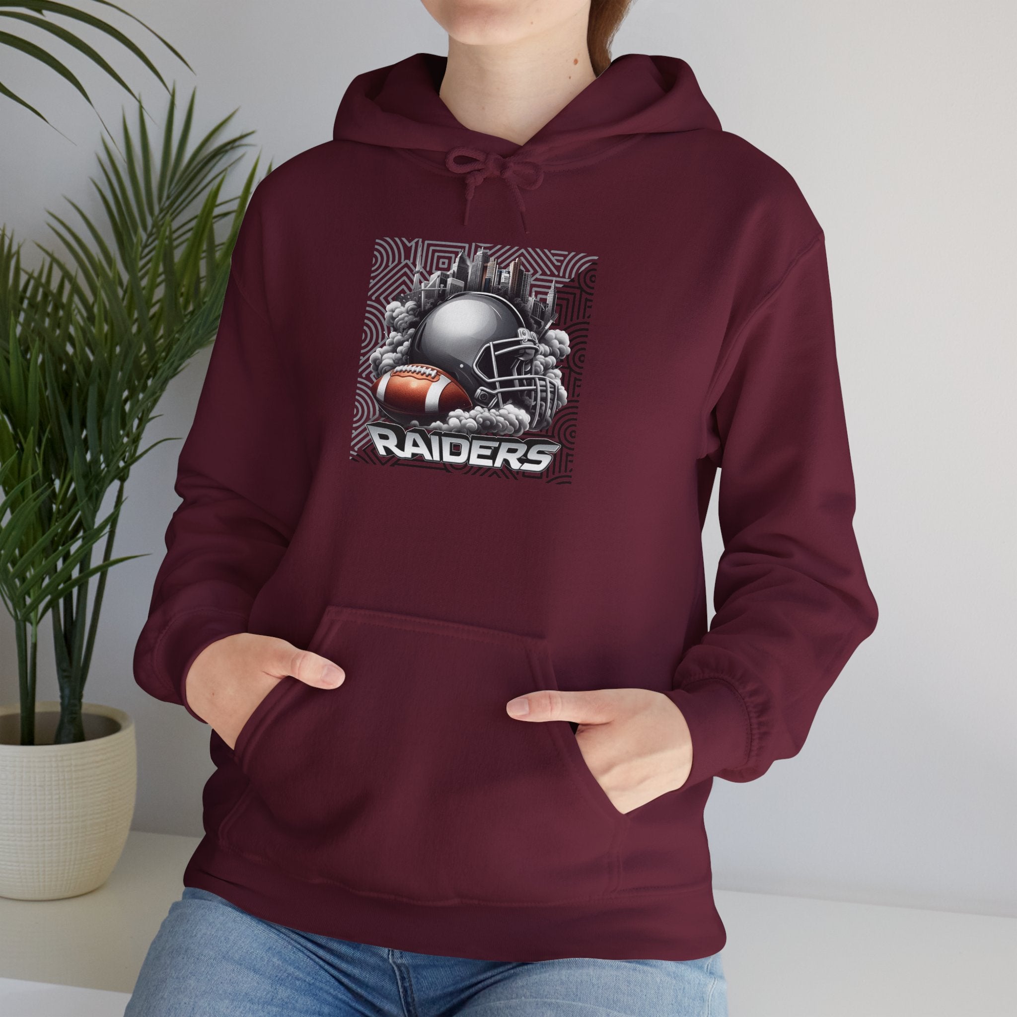 Gray Football and Helmet Shield Raiders Hoodie - Bold and Dominant, Ultimate Game-Day Gear, Raiders Football Hoodie Unisex