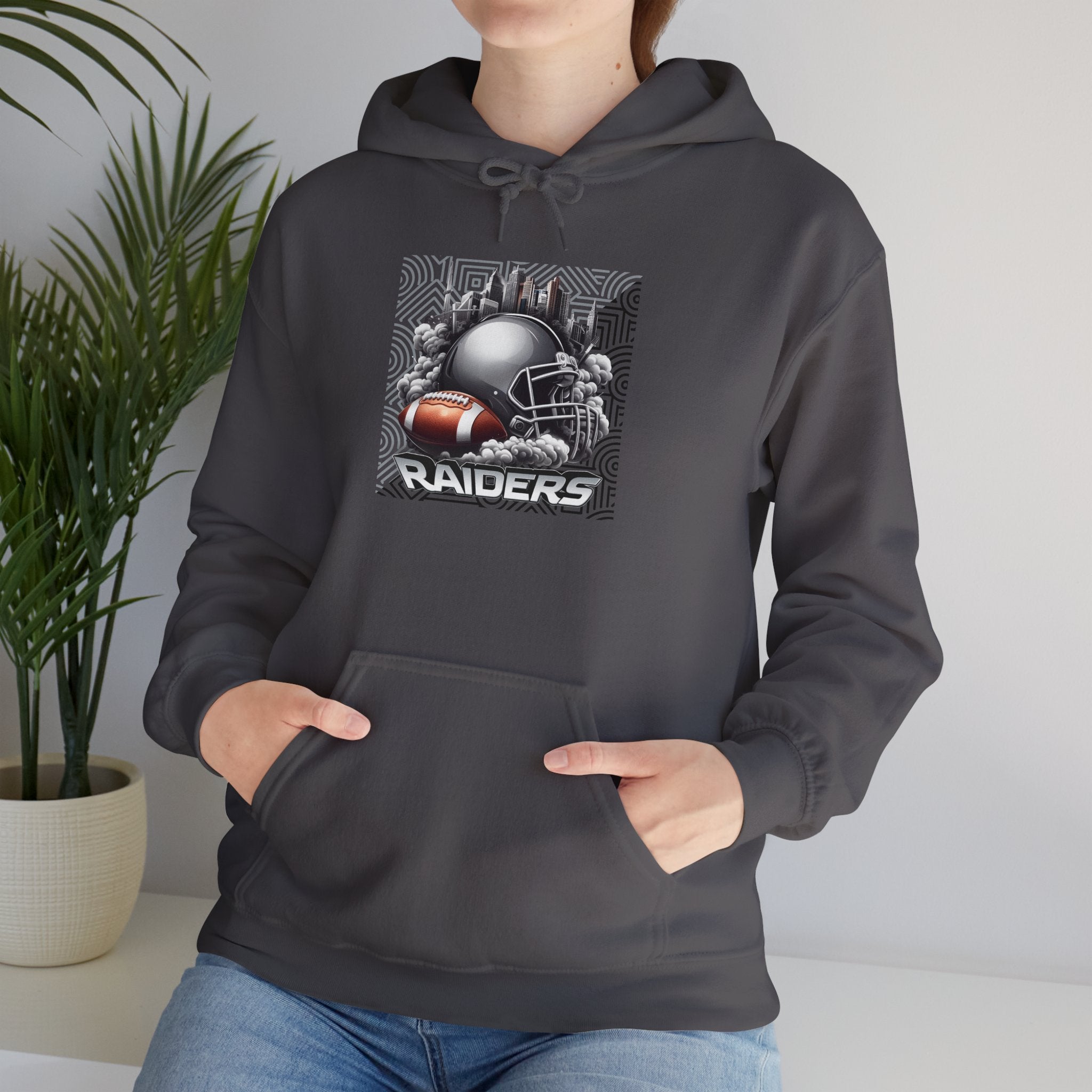 Gray Football and Helmet Shield Raiders Hoodie - Bold and Dominant, Ultimate Game-Day Gear, Raiders Football Hoodie Unisex