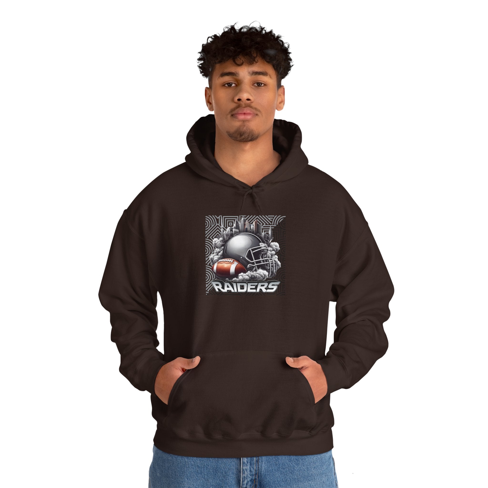 Gray Football and Helmet Shield Raiders Hoodie - Bold and Dominant, Ultimate Game-Day Gear, Raiders Football Hoodie Unisex