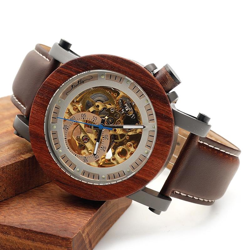 Wood Bezel Stainless Steel Genuine Leather Men's Watch