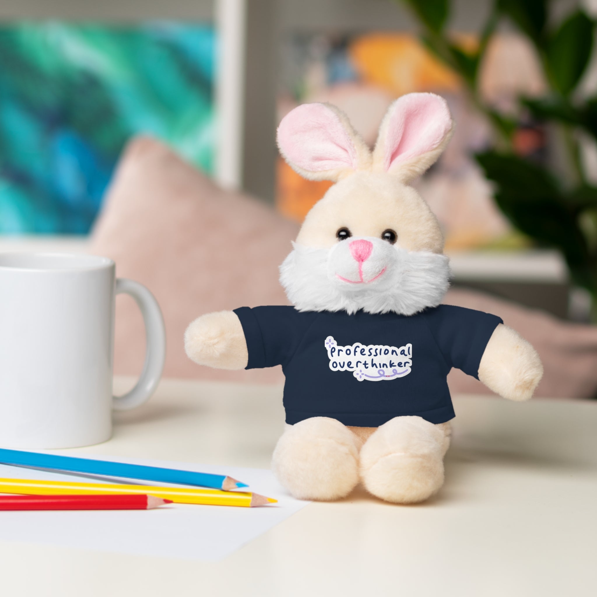 Bunny Plushy, Funny Professional Overthinker, Stuffed Animals Shirt Printed, Suitable for Soft Valentine's Day Gift