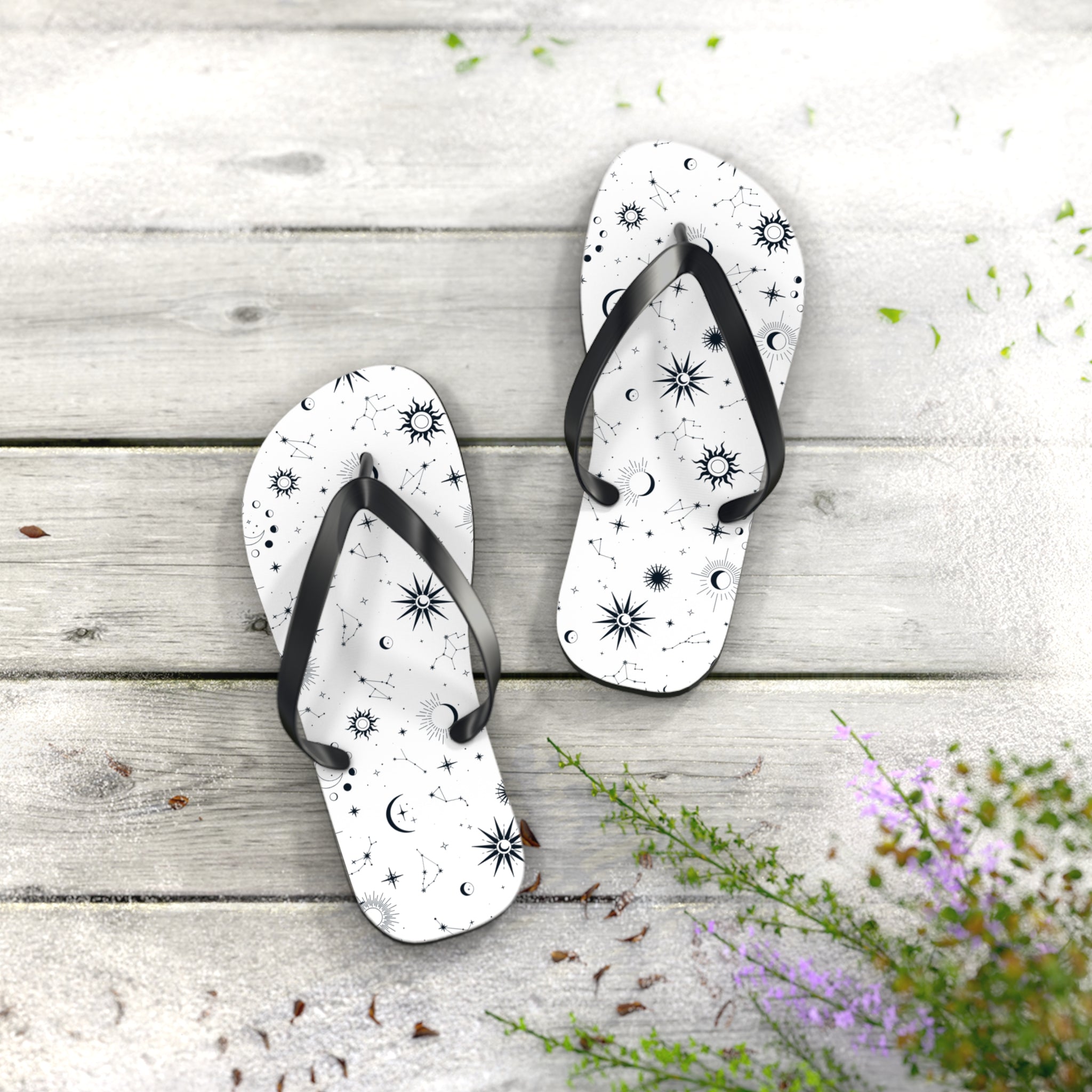 Black And White Celestial , Flip Flops for Women, Cute Designs, Everyday Use, Indoor Sleepers