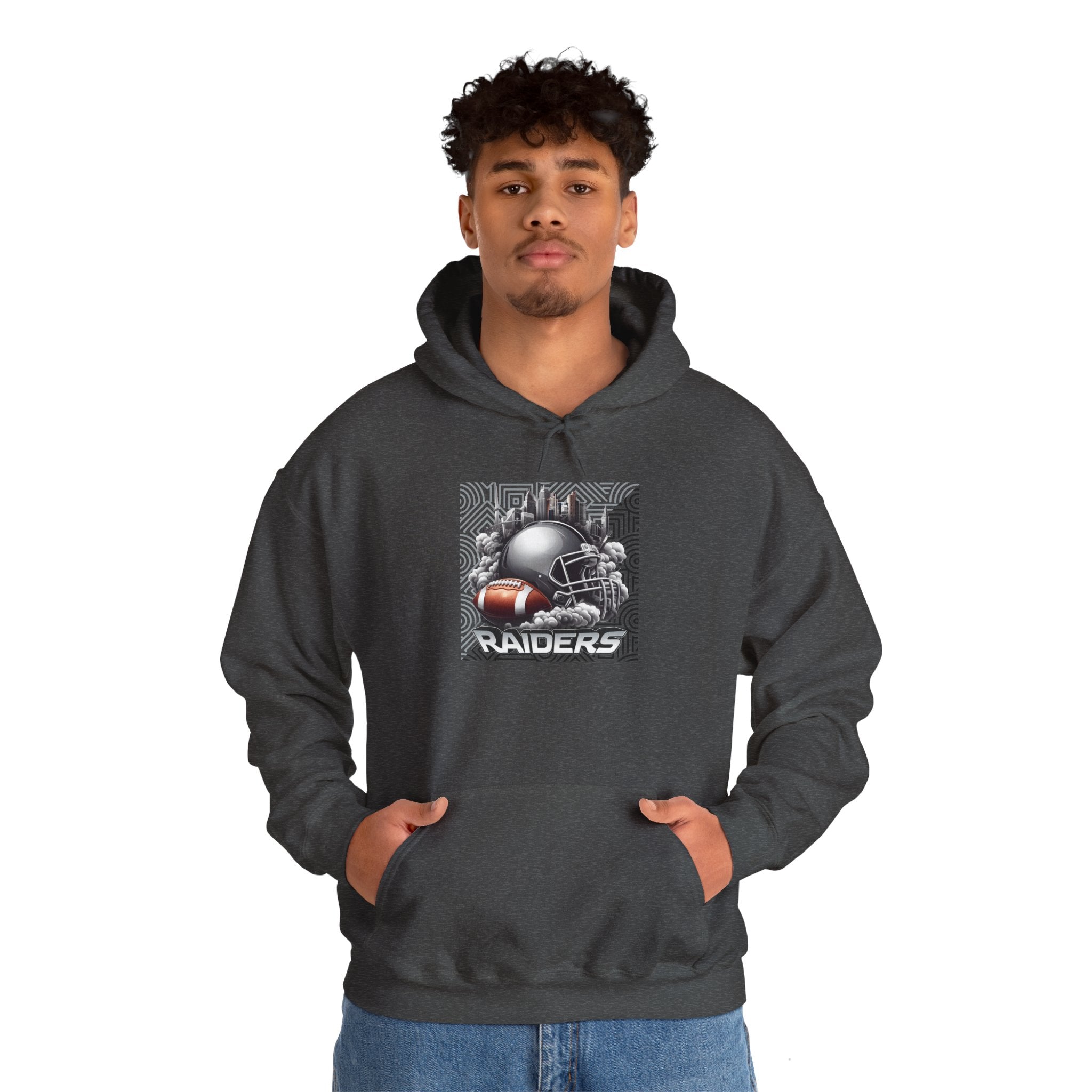 Gray Football and Helmet Shield Raiders Hoodie - Bold and Dominant, Ultimate Game-Day Gear, Raiders Football Hoodie Unisex