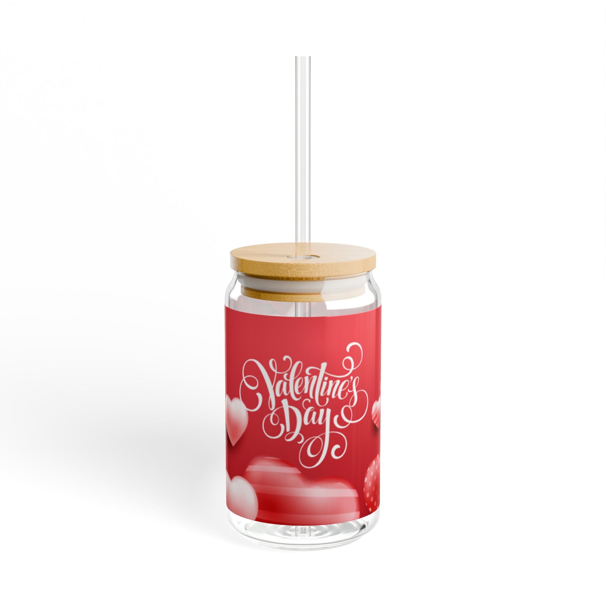 Glass Sipper 16oz - Red Happy Valentines Day Gift for Teachers, Girlfriend, Boyfriend, Valentines Give Away, Glasses Drinking Set, Iced Coffee Cup with Bamboo Lids, Drinking Glasses Tumbler with Straw and Lid, Glass Can Coffee Cups, Drinking Glassware