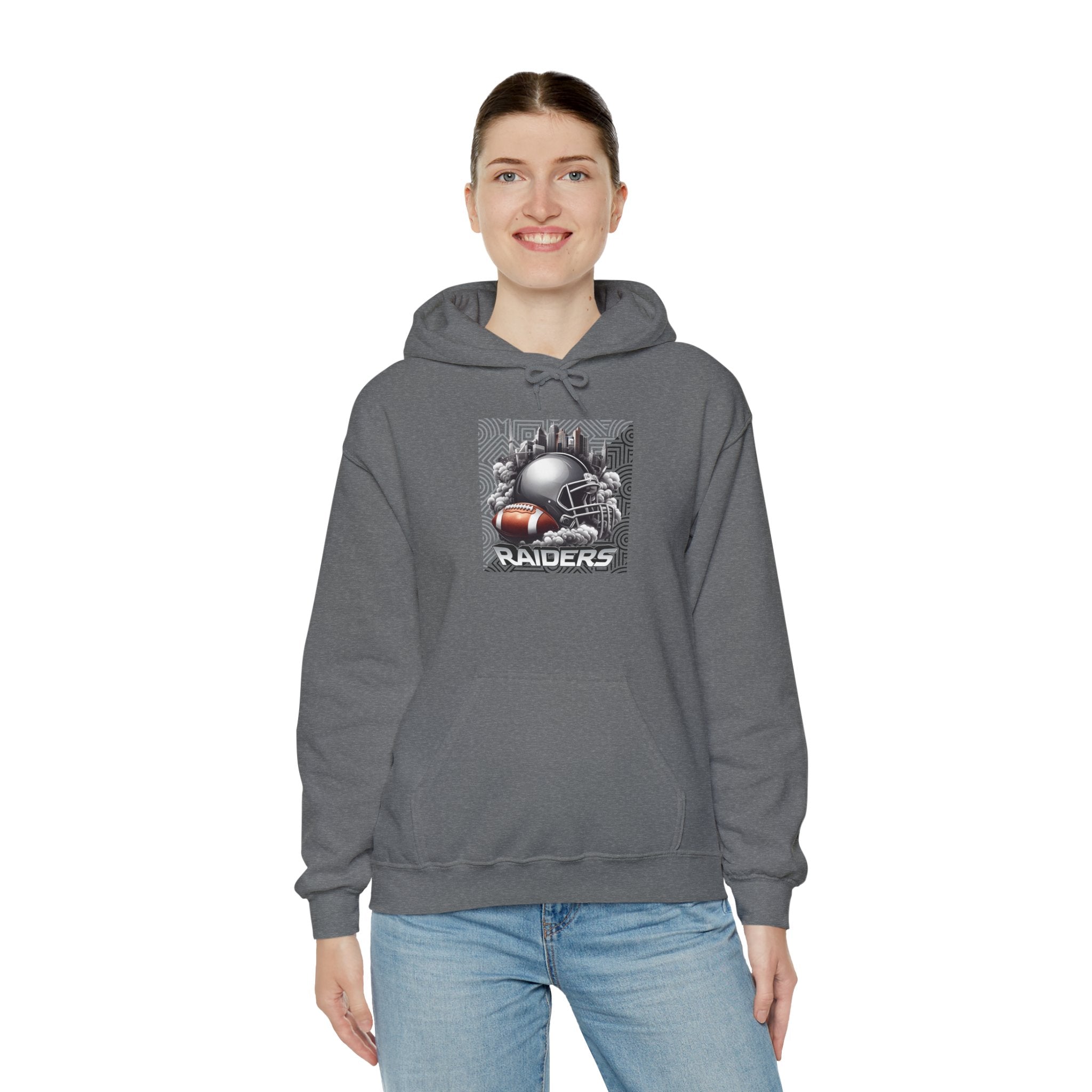 Gray Football and Helmet Shield Raiders Hoodie - Bold and Dominant, Ultimate Game-Day Gear, Raiders Football Hoodie Unisex
