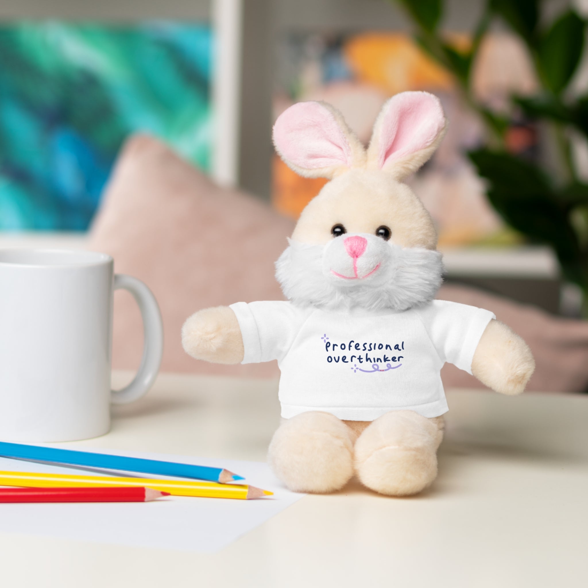 Bunny Plushy, Funny Professional Overthinker, Stuffed Animals Shirt Printed, Suitable for Soft Valentine's Day Gift