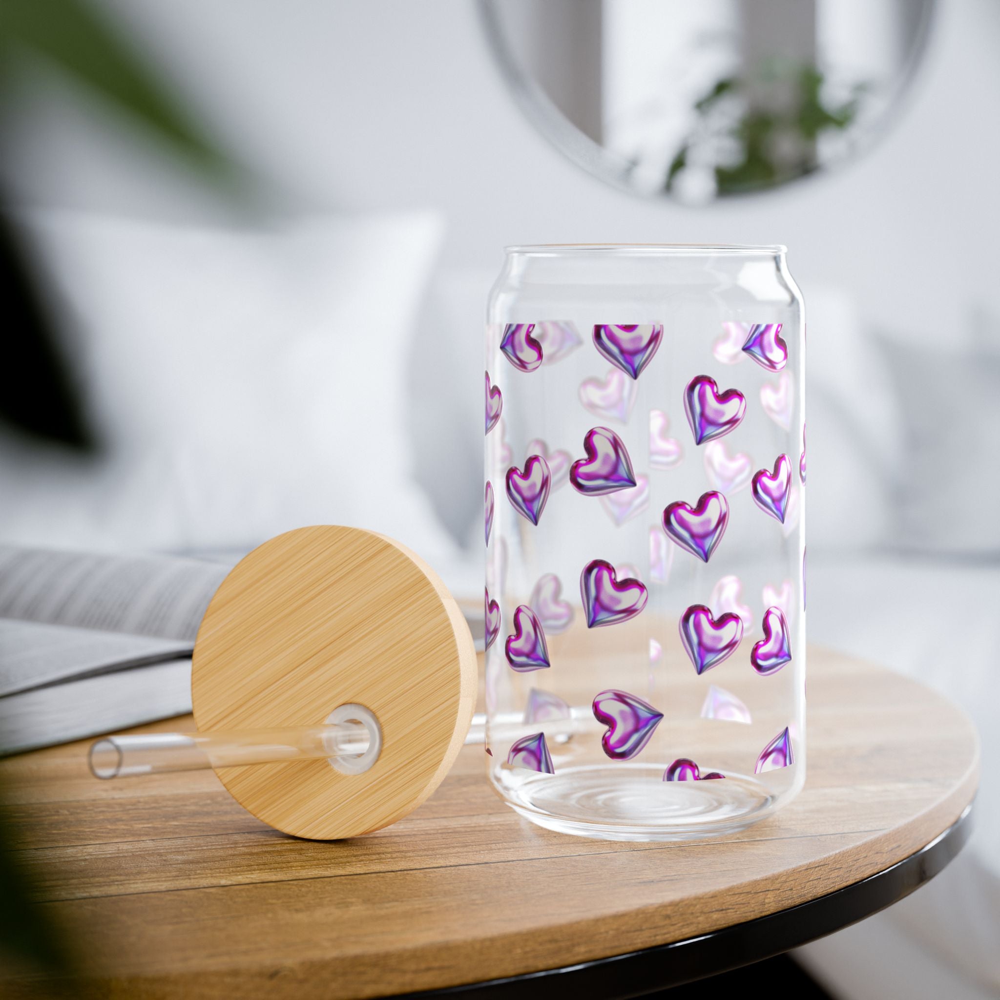 Glass Sipper 16oz - 3D Heart Valentines Day Gift for Teachers, Girlfriend, Boyfriend, Valentines Give Away, Glasses Drinking Set, Iced Coffee Cup with Bamboo Lids, Drinking Glasses Tumbler with Straw and Lid, Glass Can Coffee Cups, Drinking Glassware