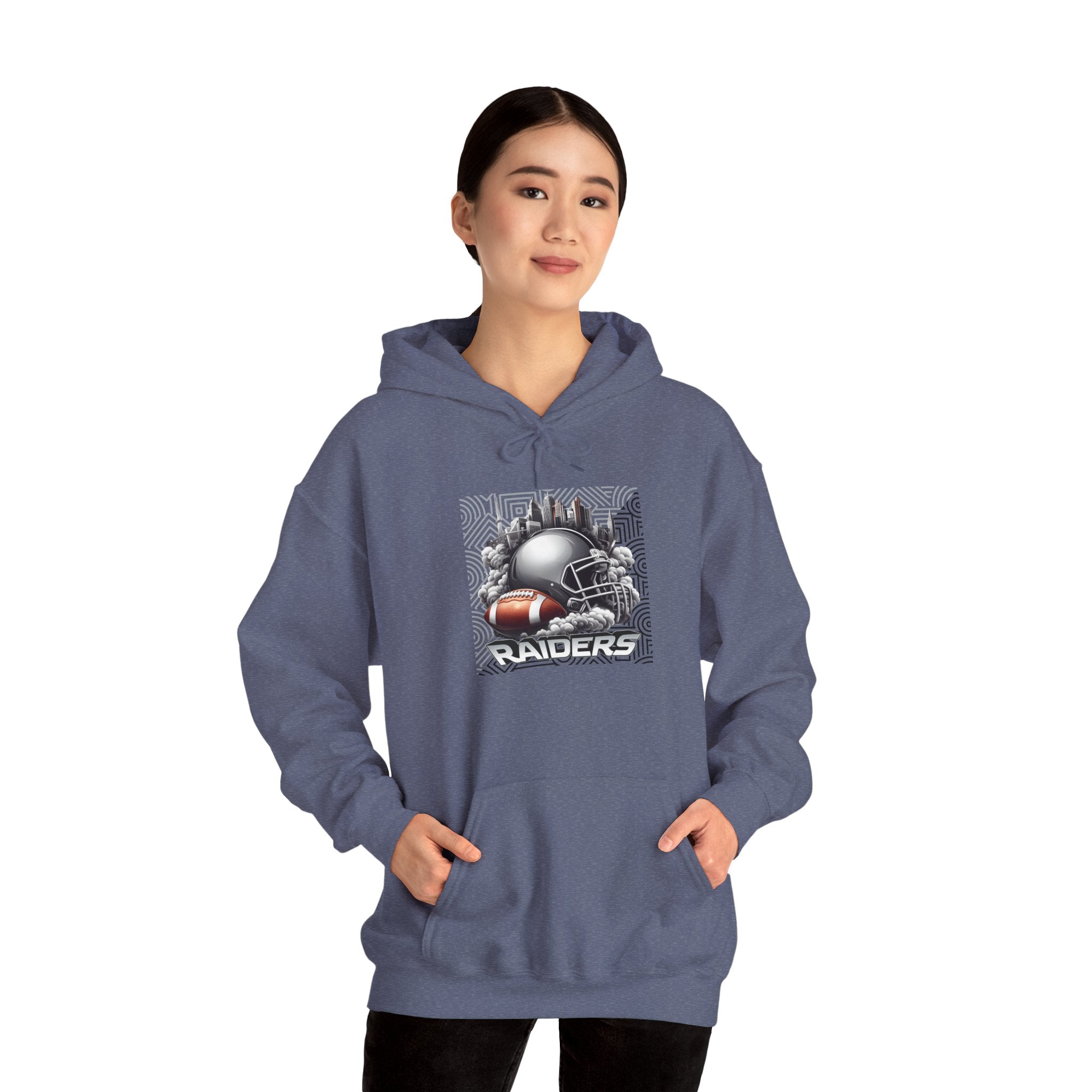 Gray Football and Helmet Shield Raiders Hoodie - Bold and Dominant, Ultimate Game-Day Gear, Raiders Football Hoodie Unisex