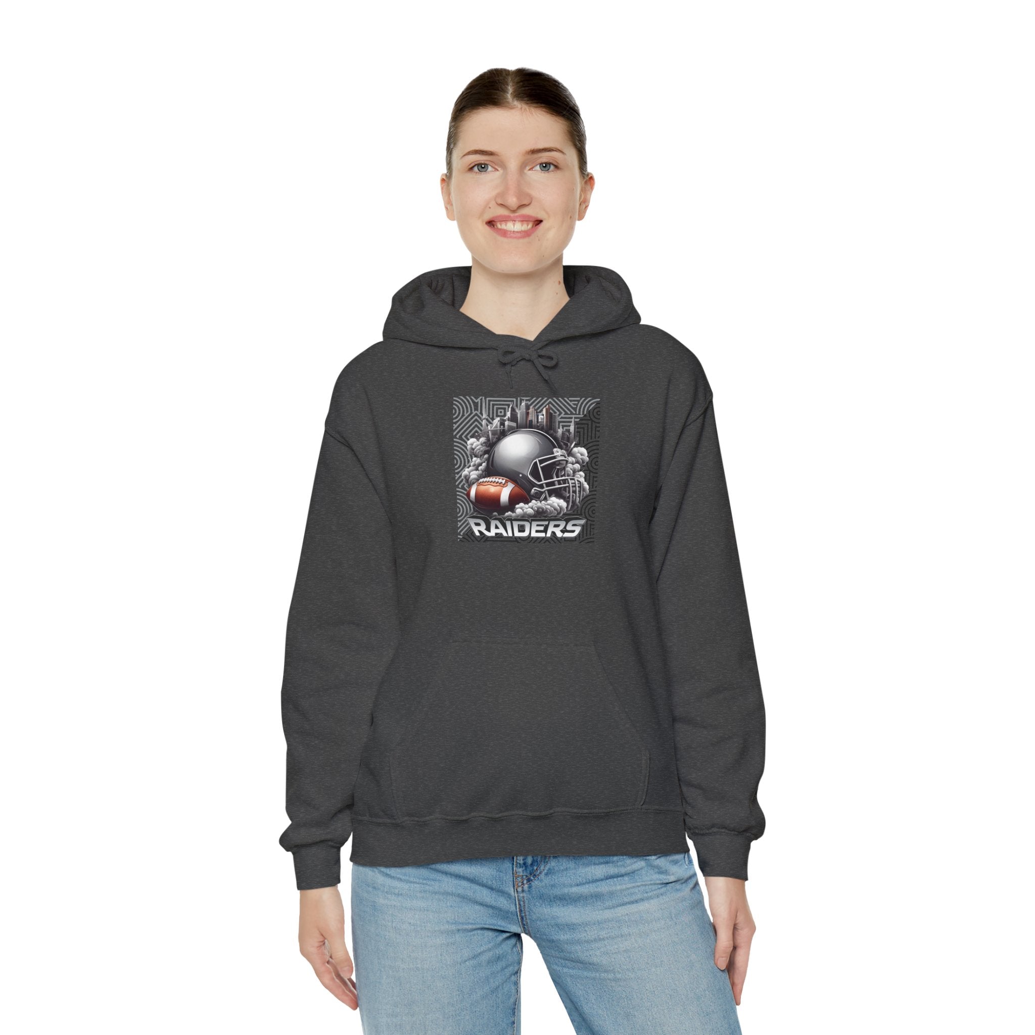 Gray Football and Helmet Shield Raiders Hoodie - Bold and Dominant, Ultimate Game-Day Gear, Raiders Football Hoodie Unisex
