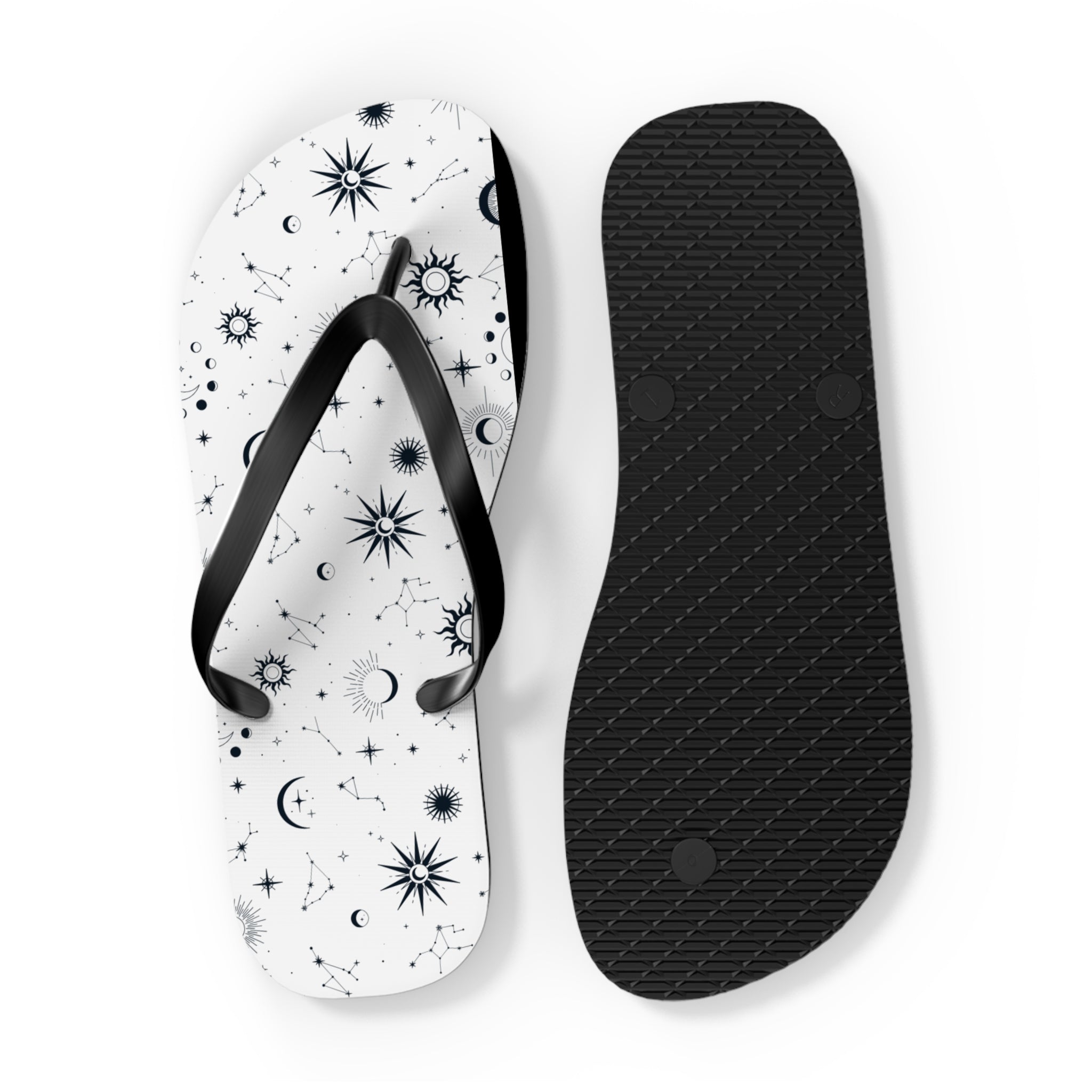 Black And White Celestial , Flip Flops for Women, Cute Designs, Everyday Use, Indoor Sleepers