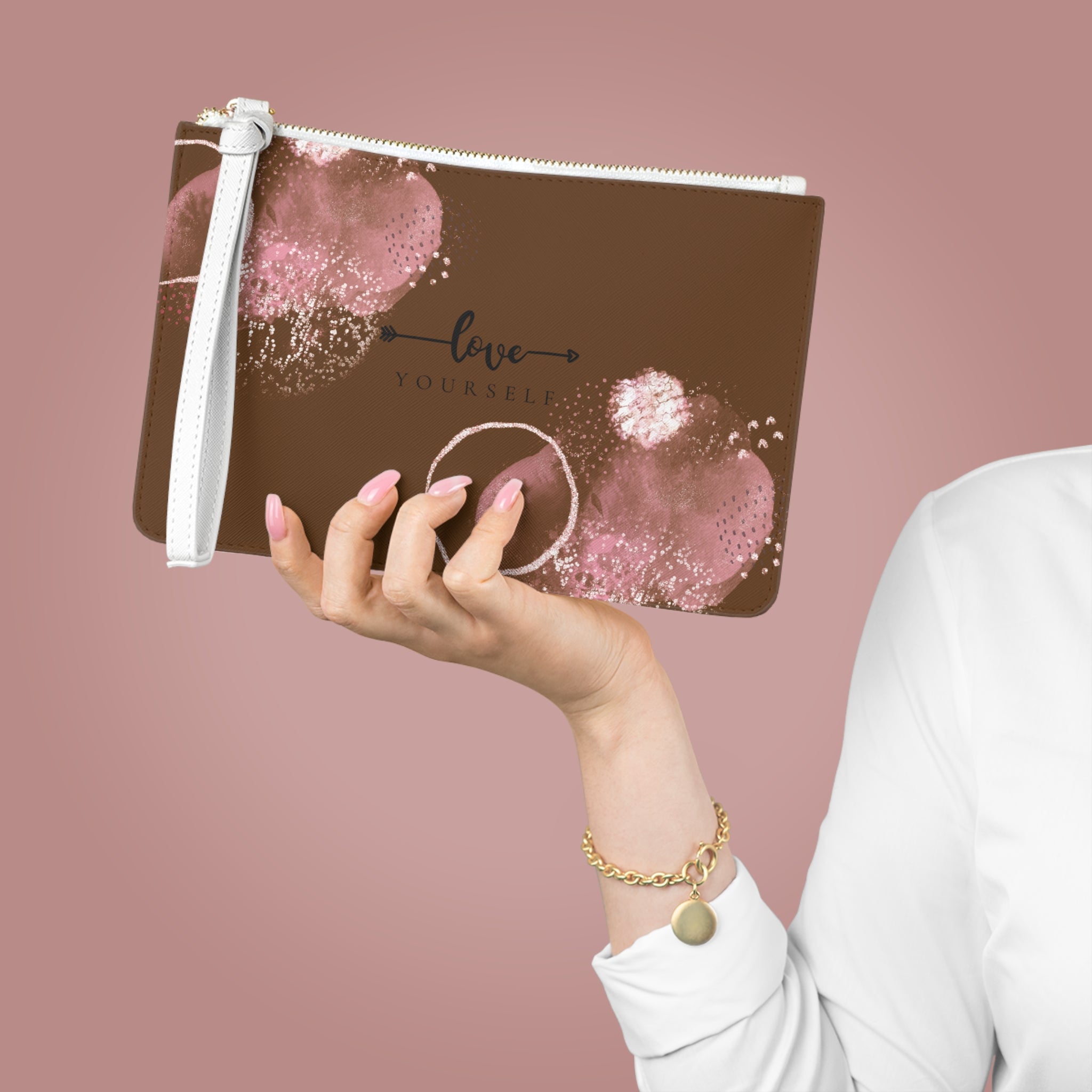 Brown Love Yourself Clutch Bag - Valentines Gift, Cute Design, Women Wallet Wristlet Clutch, Purses for Women Wristlet, Handbags Small Wallet Purses, Ladies Gifts