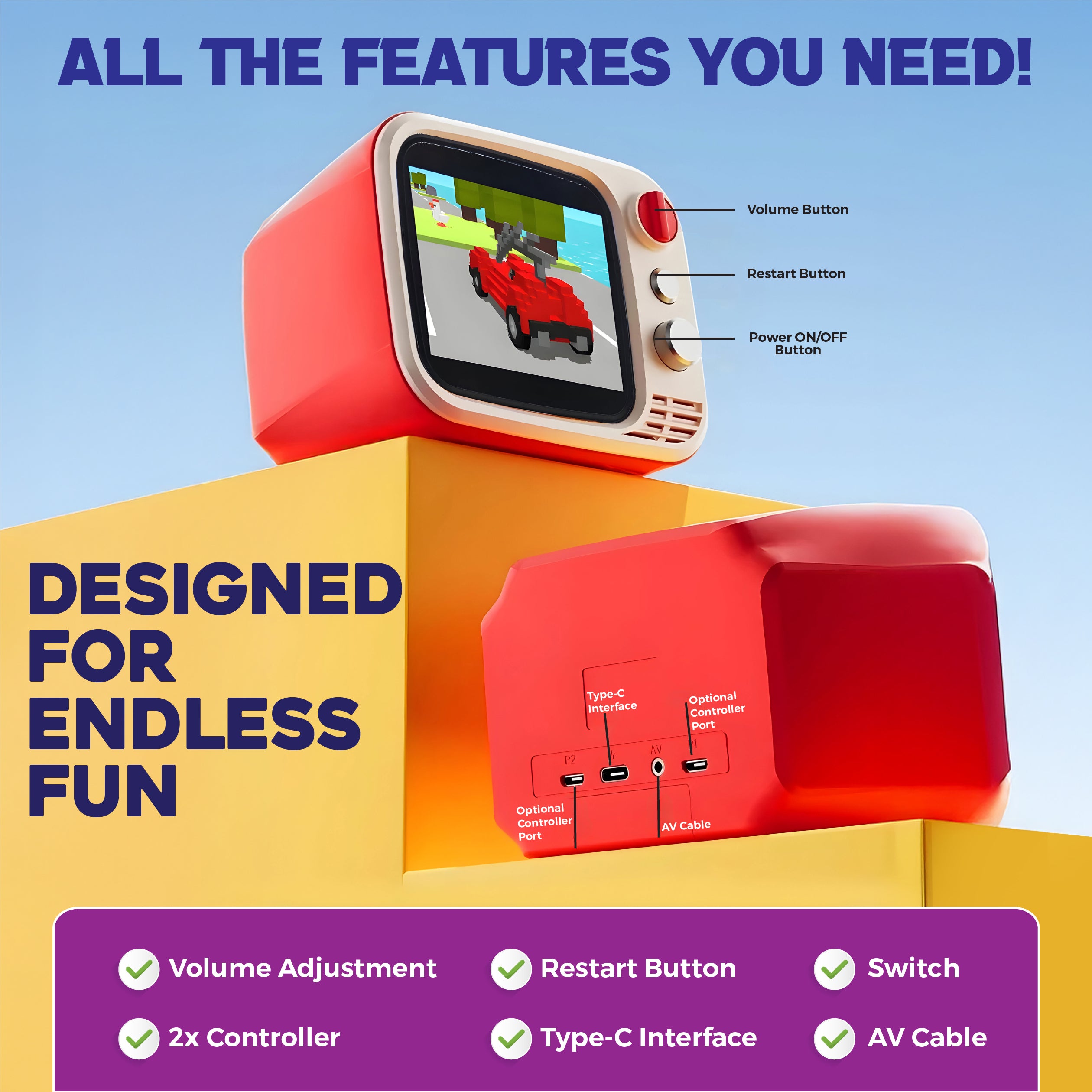 Tiny Arcade TV 3.5" Mini Retro Game - Two Player Playable TV Console & w/ Real Gameplay & Sound - 700+ Classic Video Games - H7