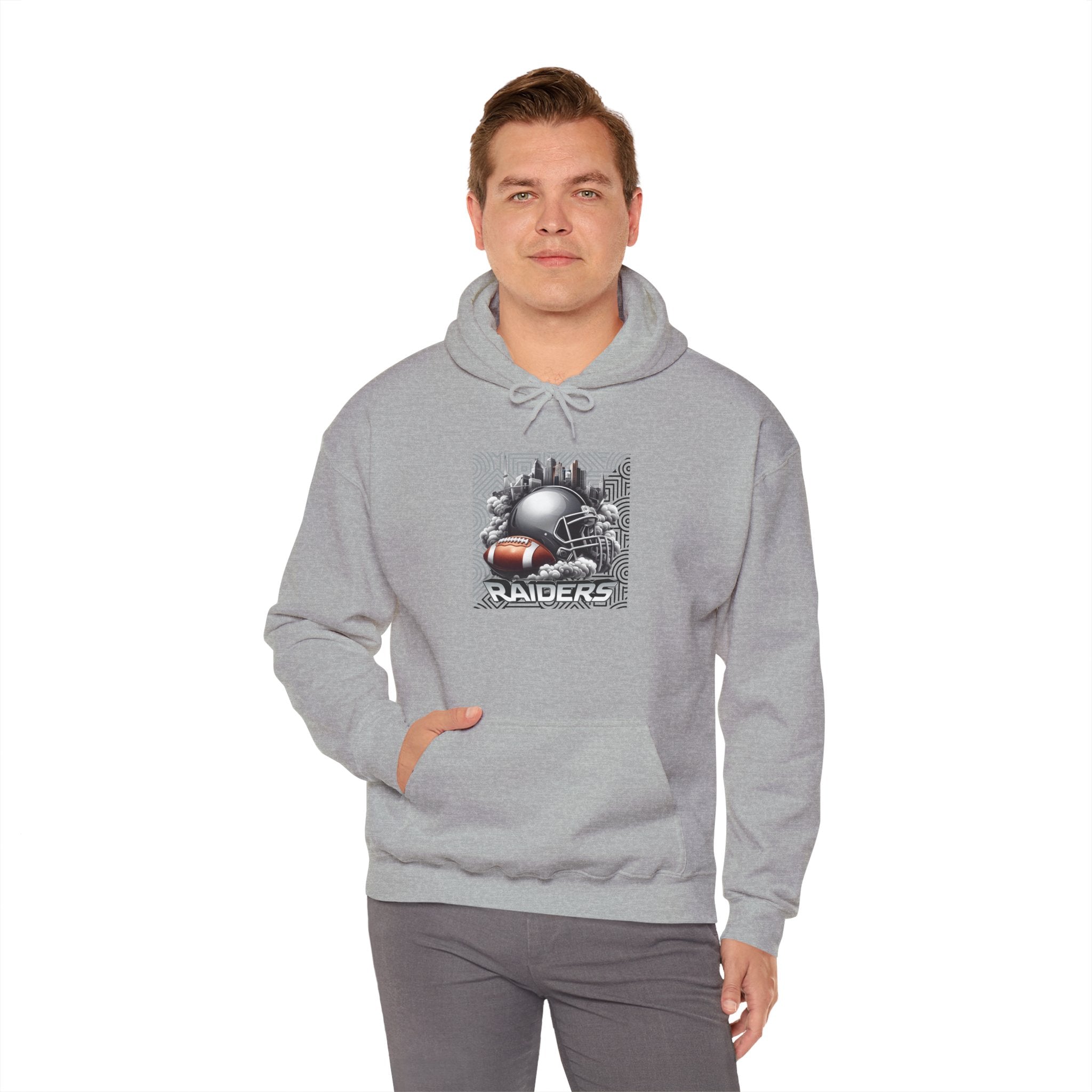Gray Football and Helmet Shield Raiders Hoodie - Bold and Dominant, Ultimate Game-Day Gear, Raiders Football Hoodie Unisex