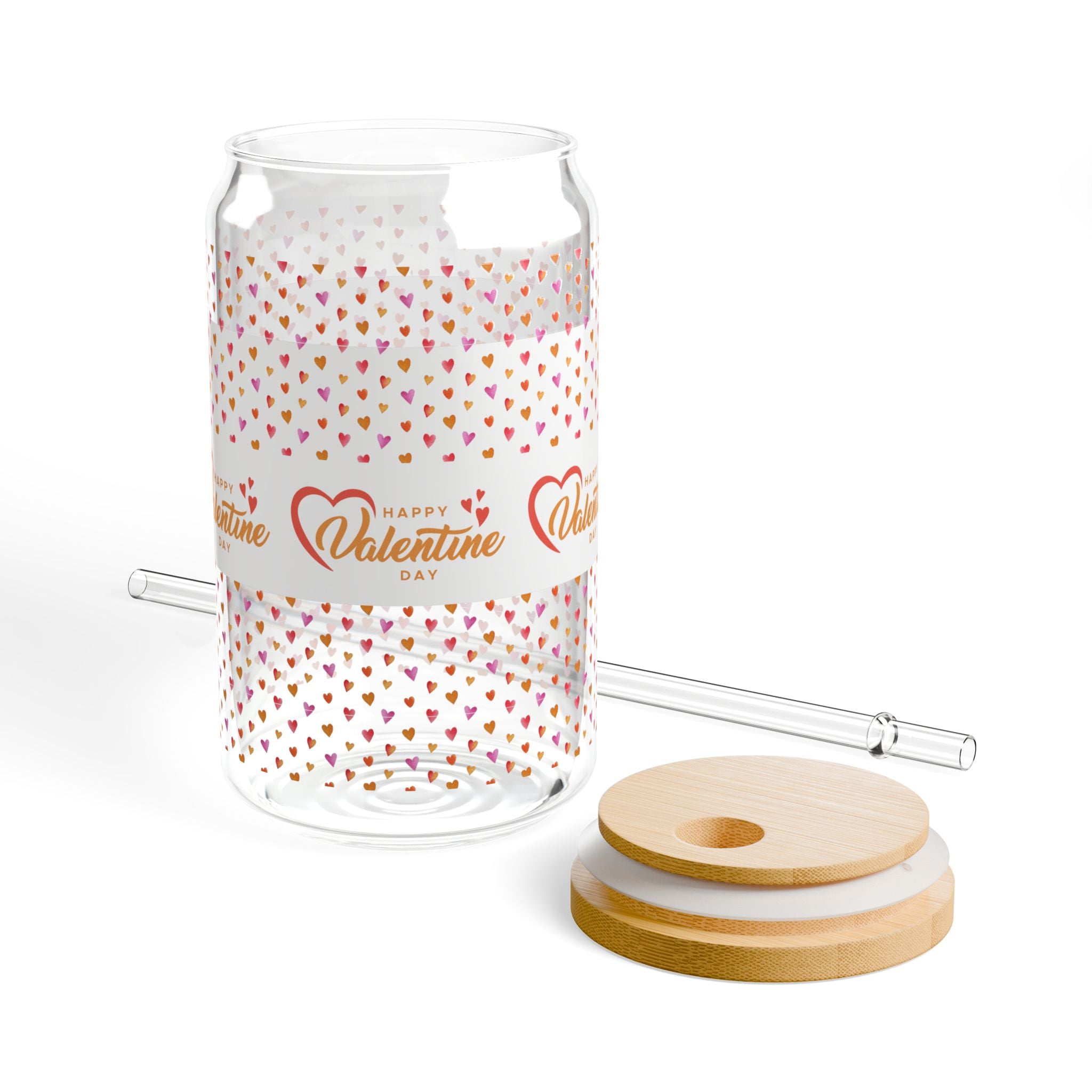 Glass Sipper 16oz - Orange Happy Valentines Day Gift for Teachers, Girlfriend, Boyfriend, Valentines Give Away, Glasses Drinking Set, Iced Coffee Cup with Bamboo Lids, Drinking Glasses Tumbler with Straw and Lid, Glass Can Coffee Cups, Drinking Glassware
