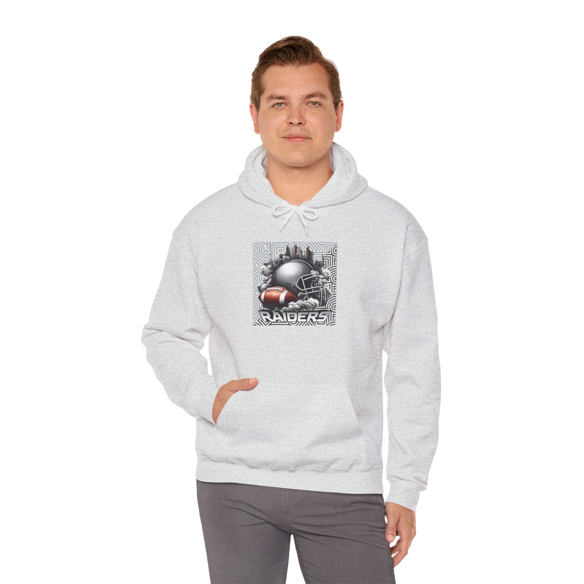 Gray Football and Helmet Shield Raiders Hoodie - Bold and Dominant, Ultimate Game-Day Gear, Raiders Football Hoodie Unisex