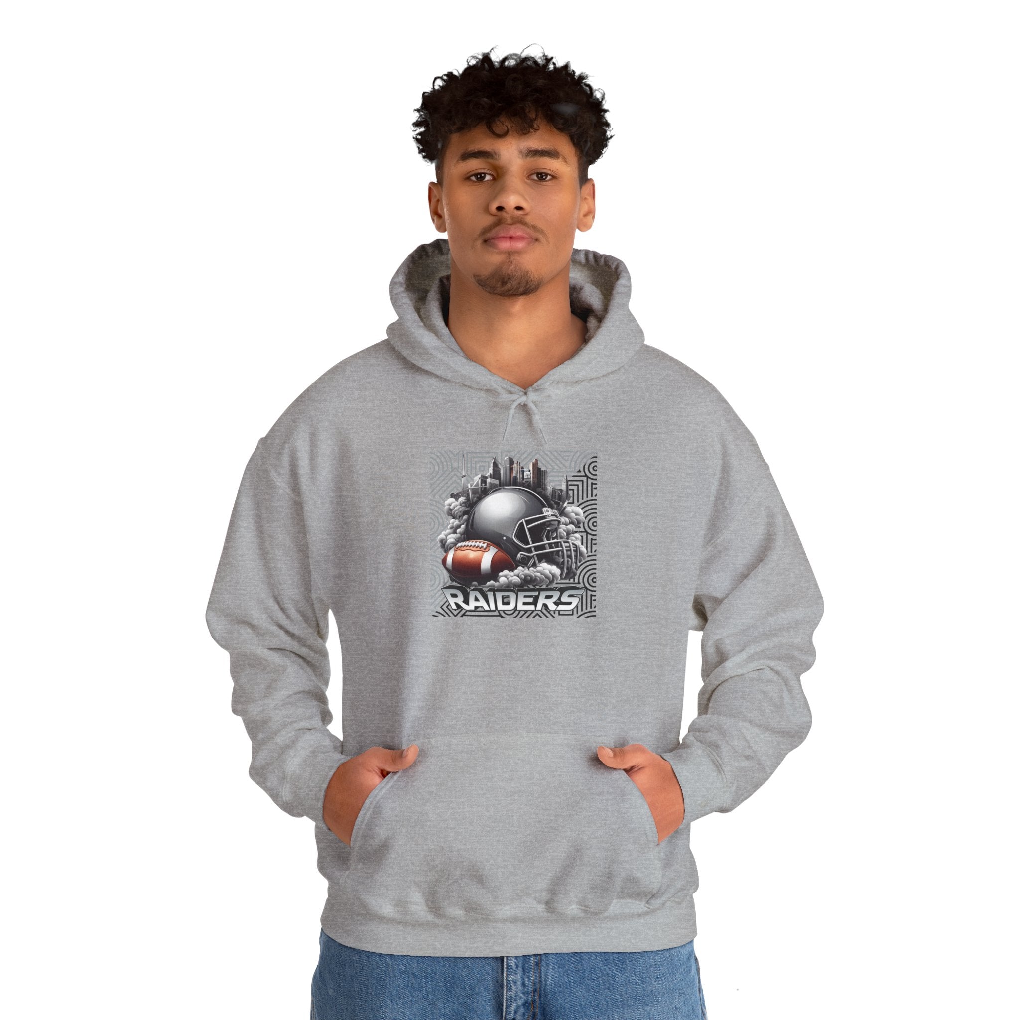 Gray Football and Helmet Shield Raiders Hoodie - Bold and Dominant, Ultimate Game-Day Gear, Raiders Football Hoodie Unisex
