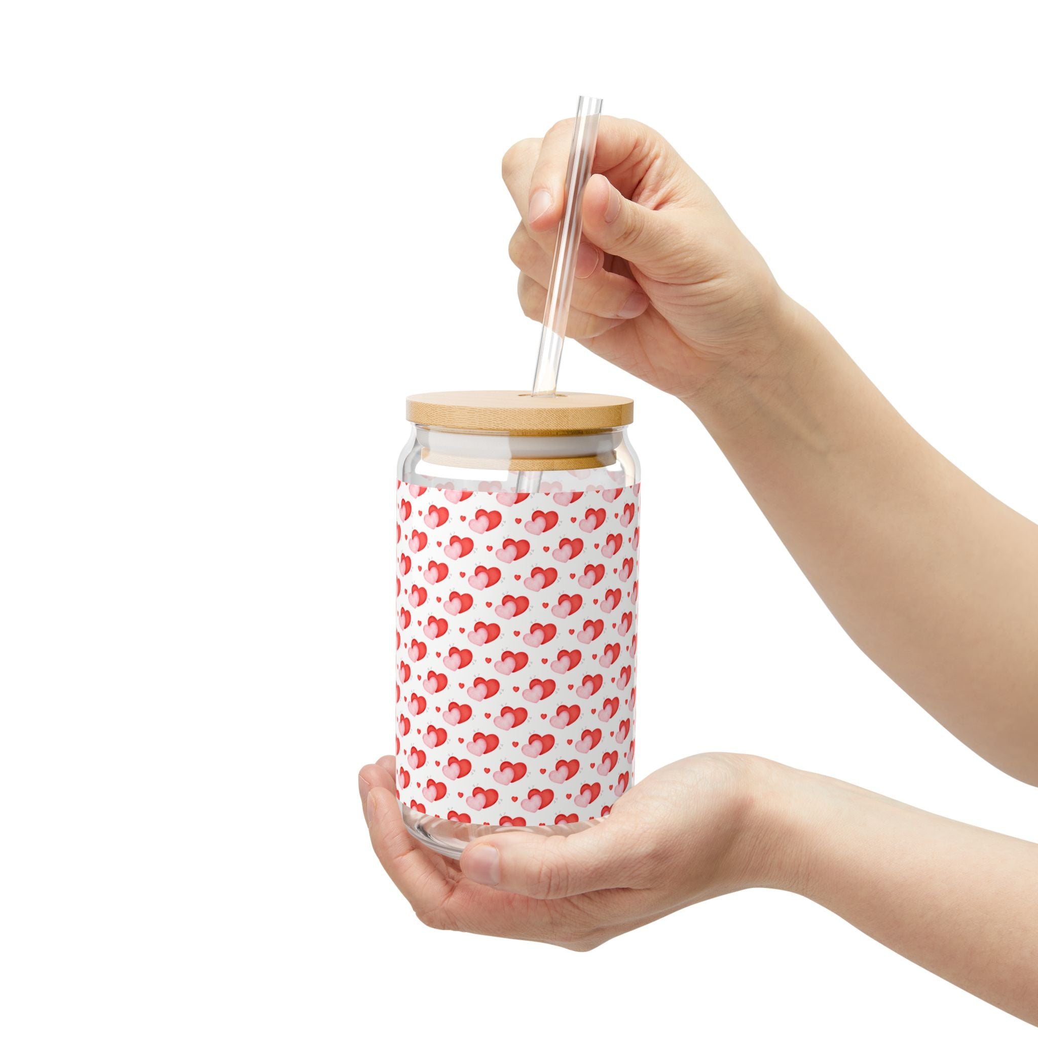 Glass Sipper 16oz - Cute Heart Valentines Day Gift for Teachers, Girlfriend, Boyfriend, Valentines Give Away, Glasses Drinking Set, Iced Coffee Cup with Bamboo Lids, Drinking Glasses Tumbler with Straw and Lid, Glass Can Coffee Cups, Drinking Glassware