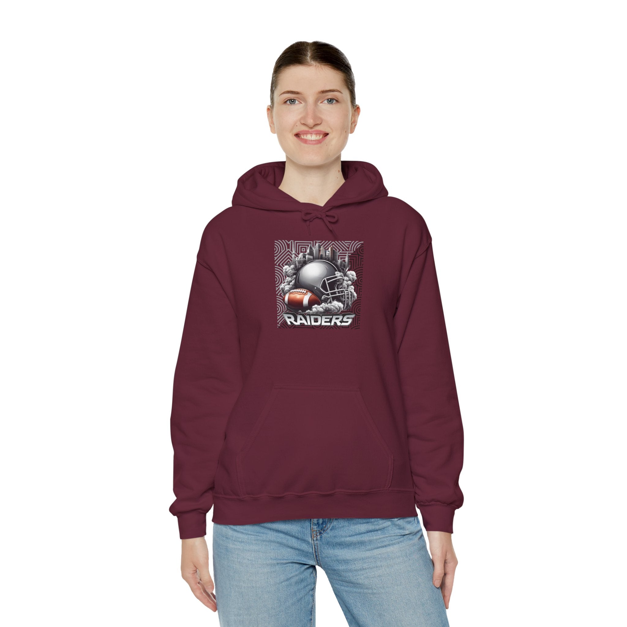 Gray Football and Helmet Shield Raiders Hoodie - Bold and Dominant, Ultimate Game-Day Gear, Raiders Football Hoodie Unisex