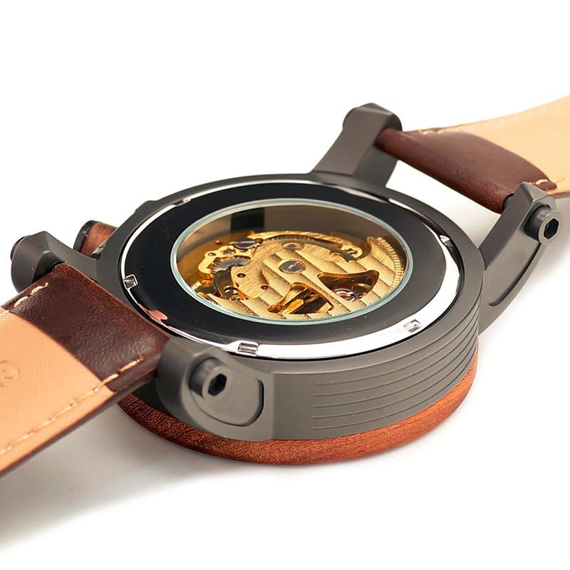 Wood Bezel Stainless Steel Genuine Leather Men's Watch