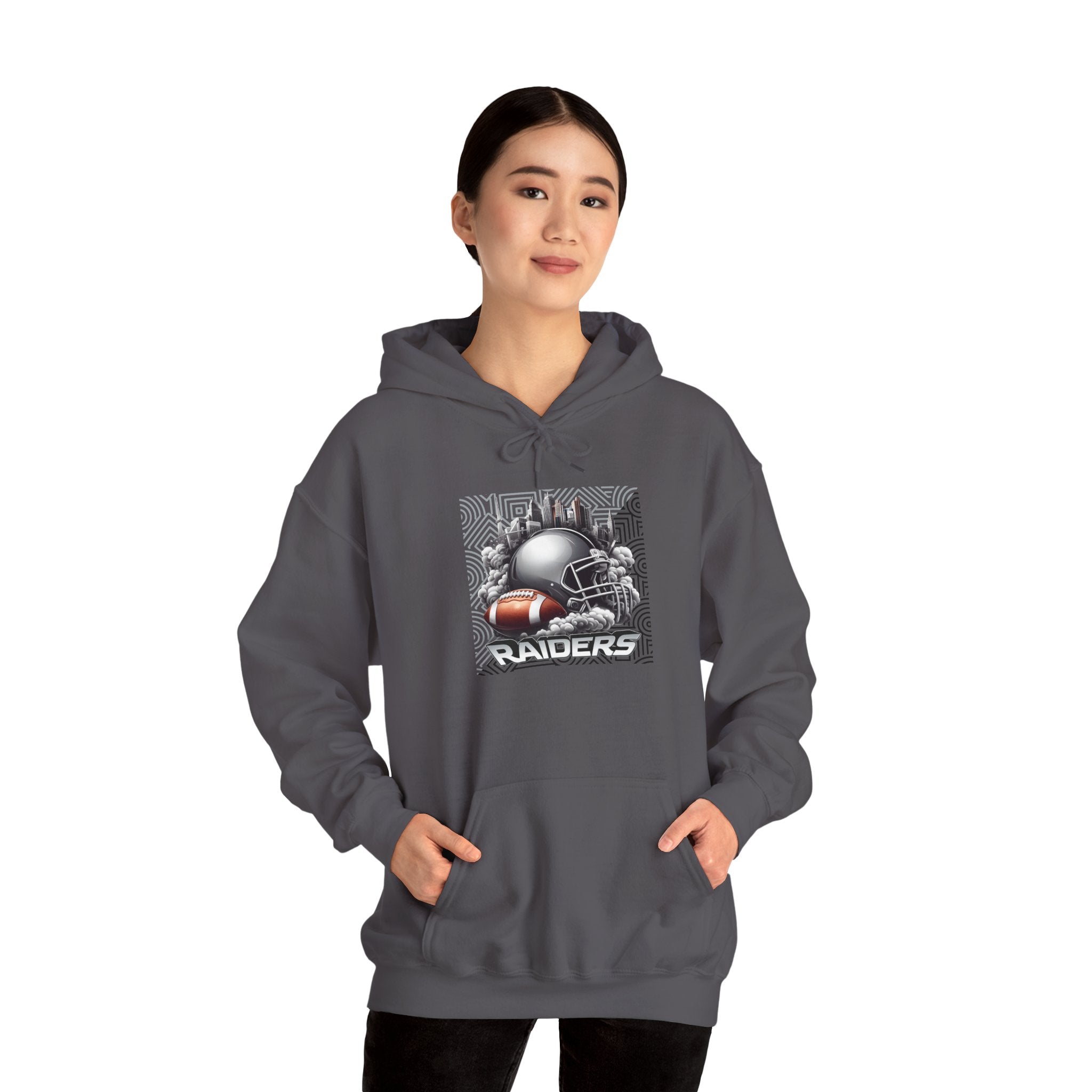 Gray Football and Helmet Shield Raiders Hoodie - Bold and Dominant, Ultimate Game-Day Gear, Raiders Football Hoodie Unisex