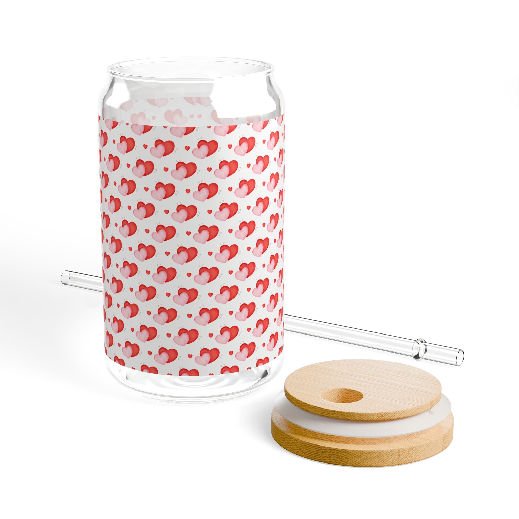 Glass Sipper 16oz - Cute Heart Valentines Day Gift for Teachers, Girlfriend, Boyfriend, Valentines Give Away, Glasses Drinking Set, Iced Coffee Cup with Bamboo Lids, Drinking Glasses Tumbler with Straw and Lid, Glass Can Coffee Cups, Drinking Glassware