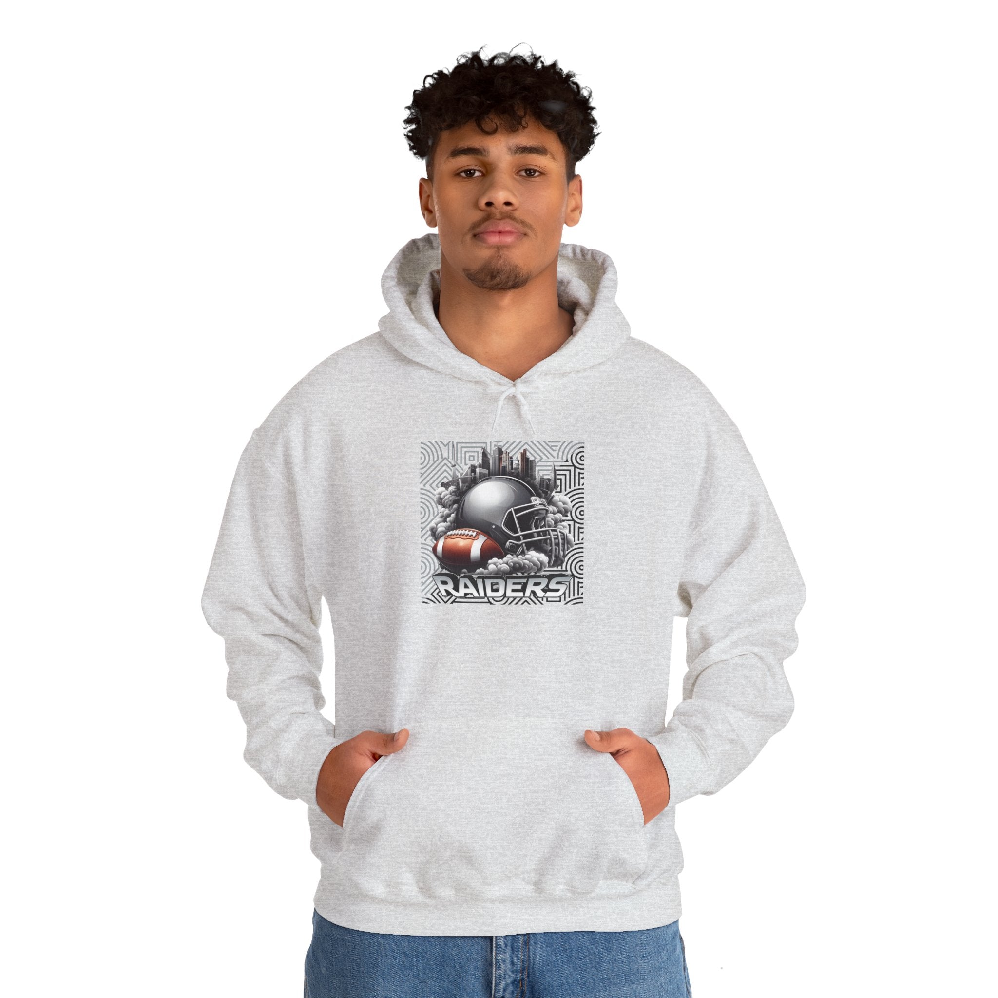 Gray Football and Helmet Shield Raiders Hoodie - Bold and Dominant, Ultimate Game-Day Gear, Raiders Football Hoodie Unisex
