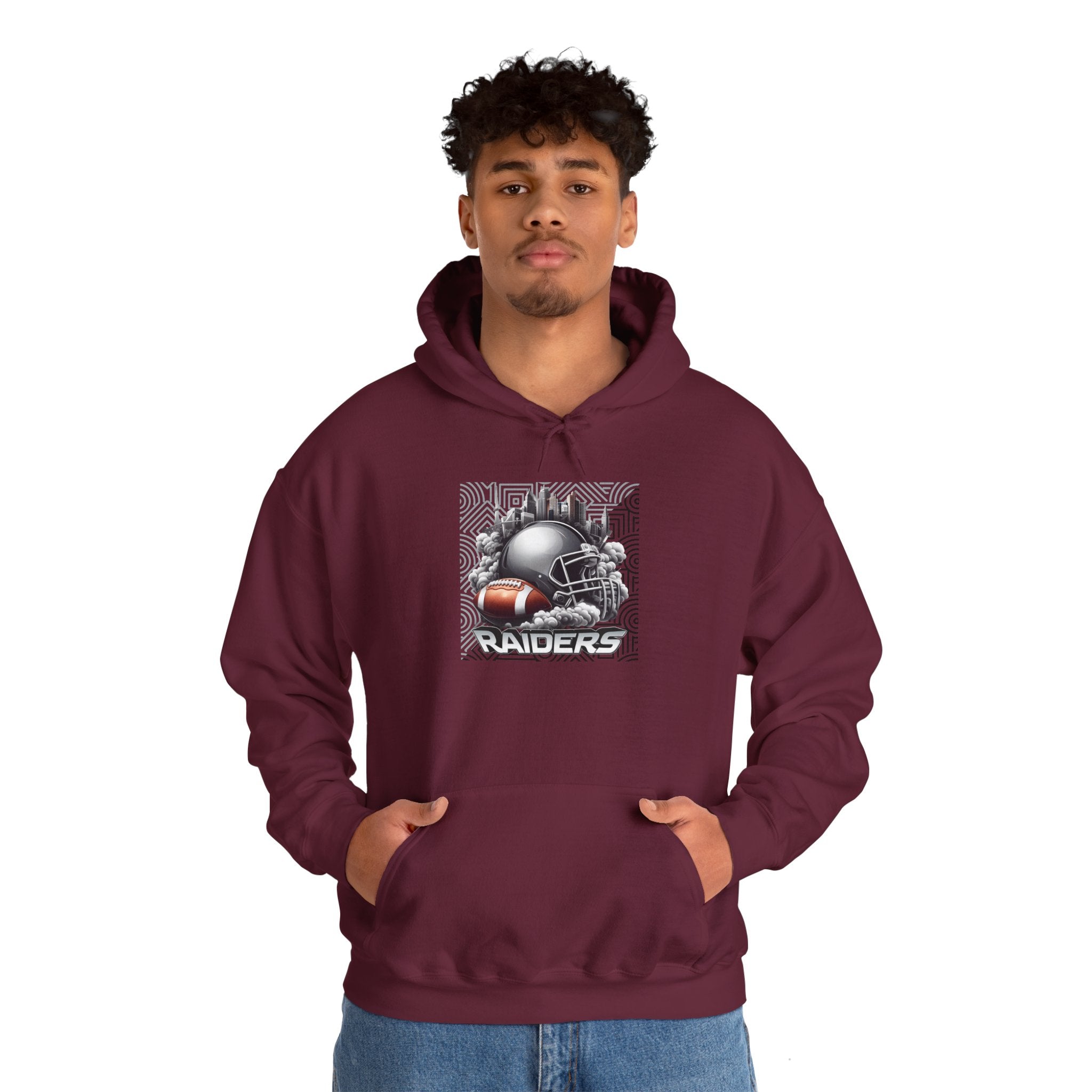 Gray Football and Helmet Shield Raiders Hoodie - Bold and Dominant, Ultimate Game-Day Gear, Raiders Football Hoodie Unisex
