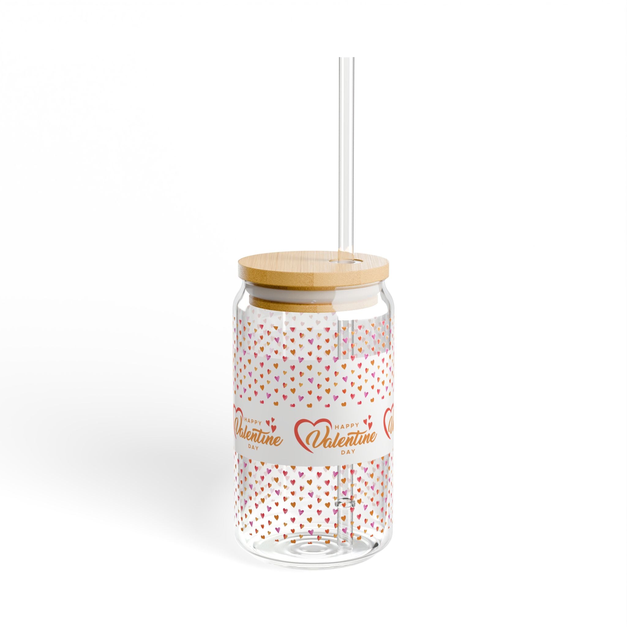 Glass Sipper 16oz - Orange Happy Valentines Day Gift for Teachers, Girlfriend, Boyfriend, Valentines Give Away, Glasses Drinking Set, Iced Coffee Cup with Bamboo Lids, Drinking Glasses Tumbler with Straw and Lid, Glass Can Coffee Cups, Drinking Glassware