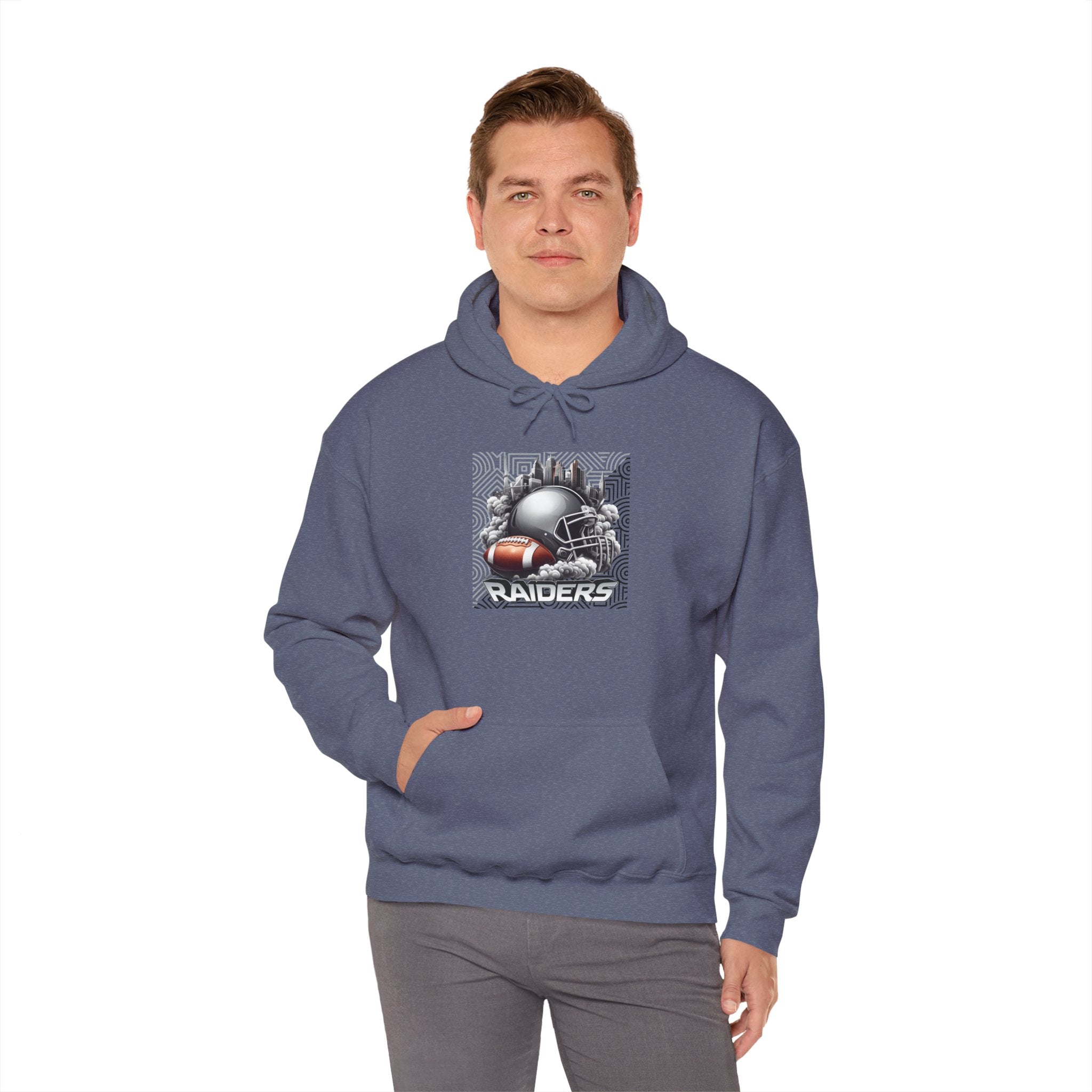 Gray Football and Helmet Shield Raiders Hoodie - Bold and Dominant, Ultimate Game-Day Gear, Raiders Football Hoodie Unisex