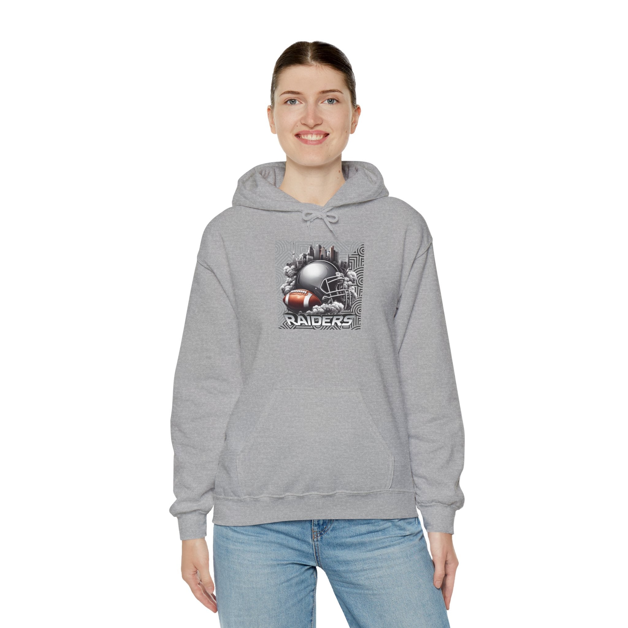 Gray Football and Helmet Shield Raiders Hoodie - Bold and Dominant, Ultimate Game-Day Gear, Raiders Football Hoodie Unisex