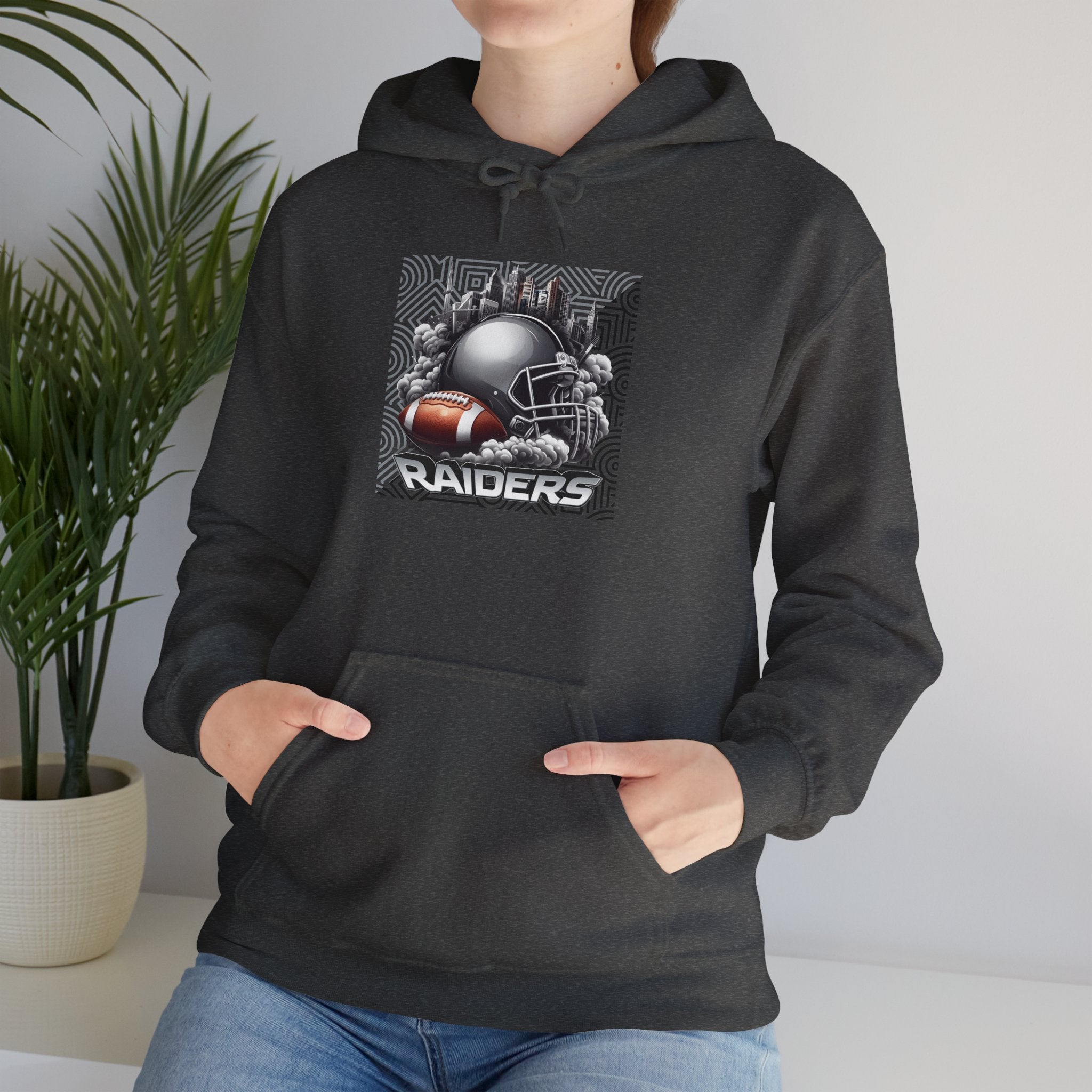Gray Football and Helmet Shield Raiders Hoodie - Bold and Dominant, Ultimate Game-Day Gear, Raiders Football Hoodie Unisex