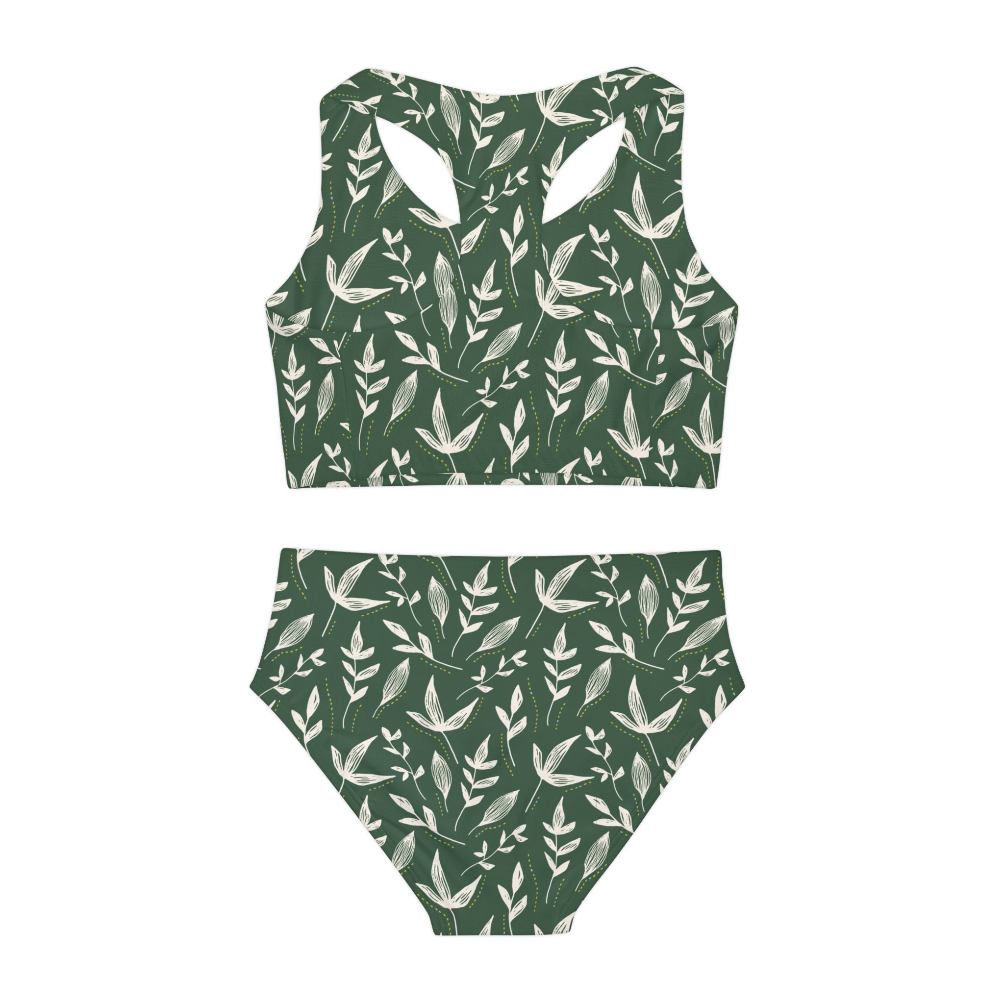 Green Print Swimsuit Set, Floral Pattern Two Piece Bathing Suit, Cute Girls Swimwear, Summer Beach Outfit, Kids Swim Set