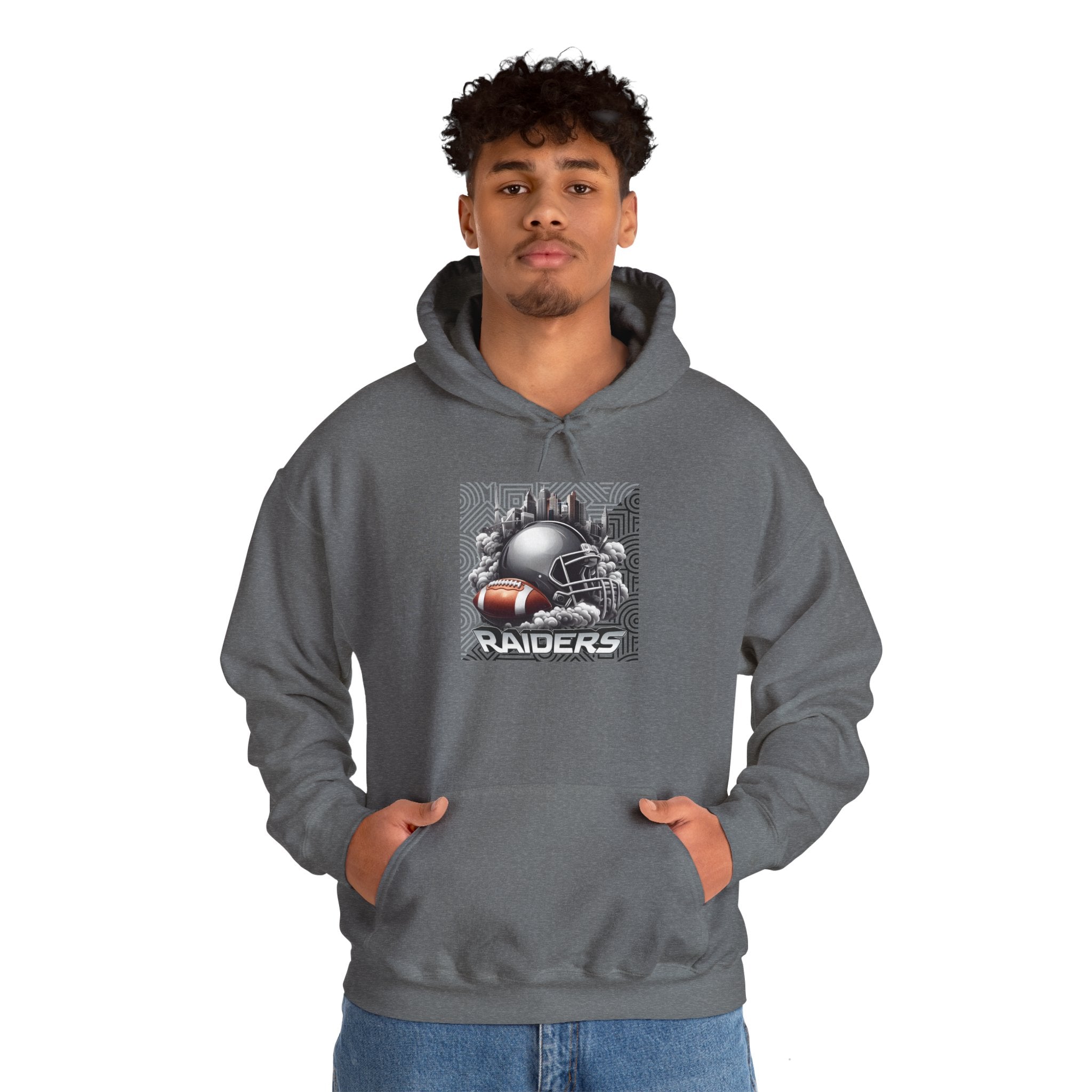 Gray Football and Helmet Shield Raiders Hoodie - Bold and Dominant, Ultimate Game-Day Gear, Raiders Football Hoodie Unisex