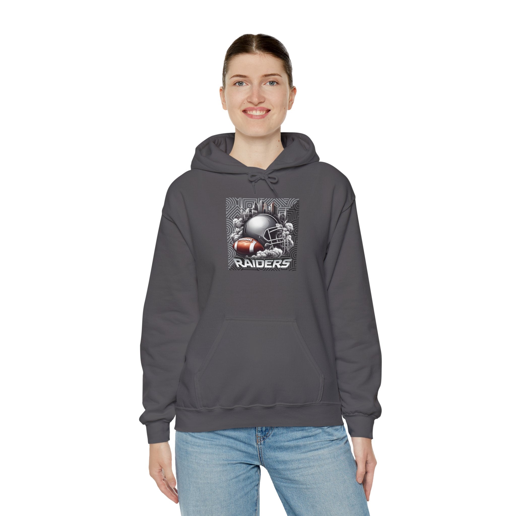 Gray Football and Helmet Shield Raiders Hoodie - Bold and Dominant, Ultimate Game-Day Gear, Raiders Football Hoodie Unisex