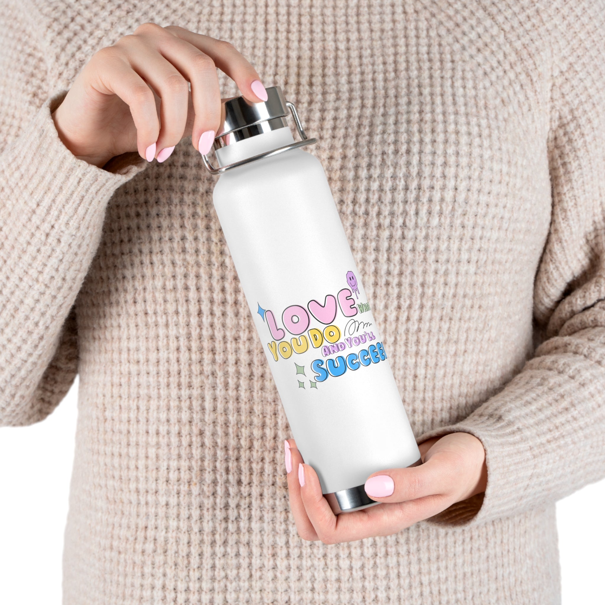 "Love What You Do and You'll Succeed " Copper Water Bottle, Inspirational Quote, Gift Tumbler, 22oz, Motivational Drinkware, Stainless Steel Thermos