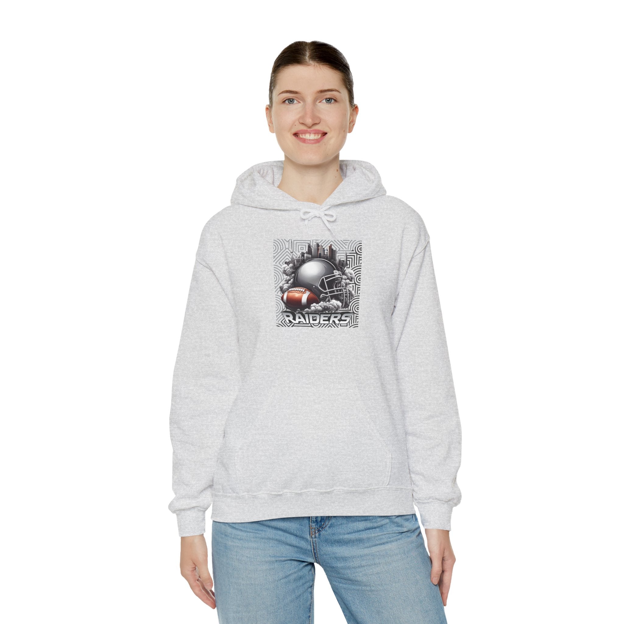 Gray Football and Helmet Shield Raiders Hoodie - Bold and Dominant, Ultimate Game-Day Gear, Raiders Football Hoodie Unisex