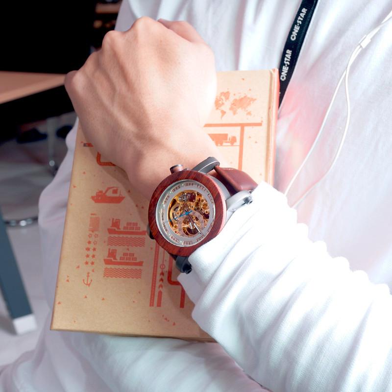 Wood Bezel Stainless Steel Genuine Leather Men's Watch