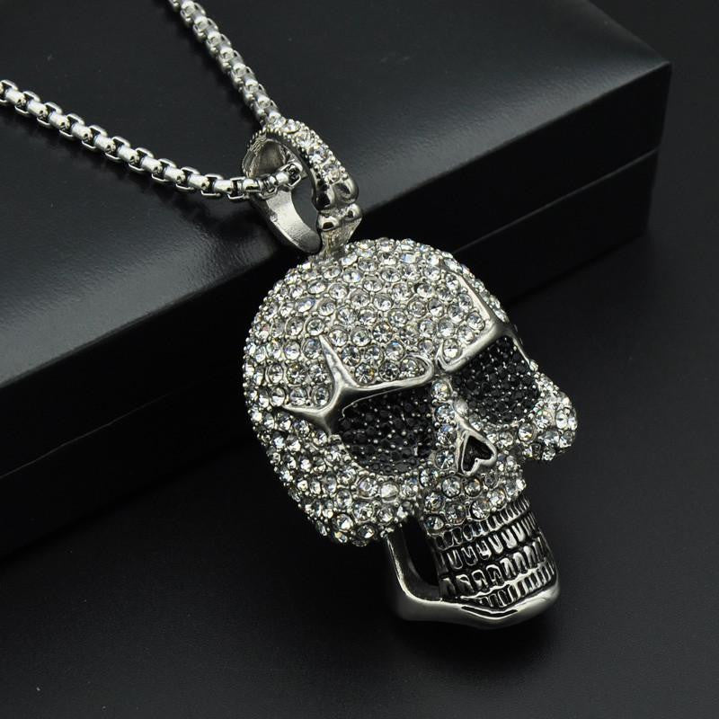 Titanium Stainless Steel "REBORN" Rhinestone Skull Pendant Necklace
