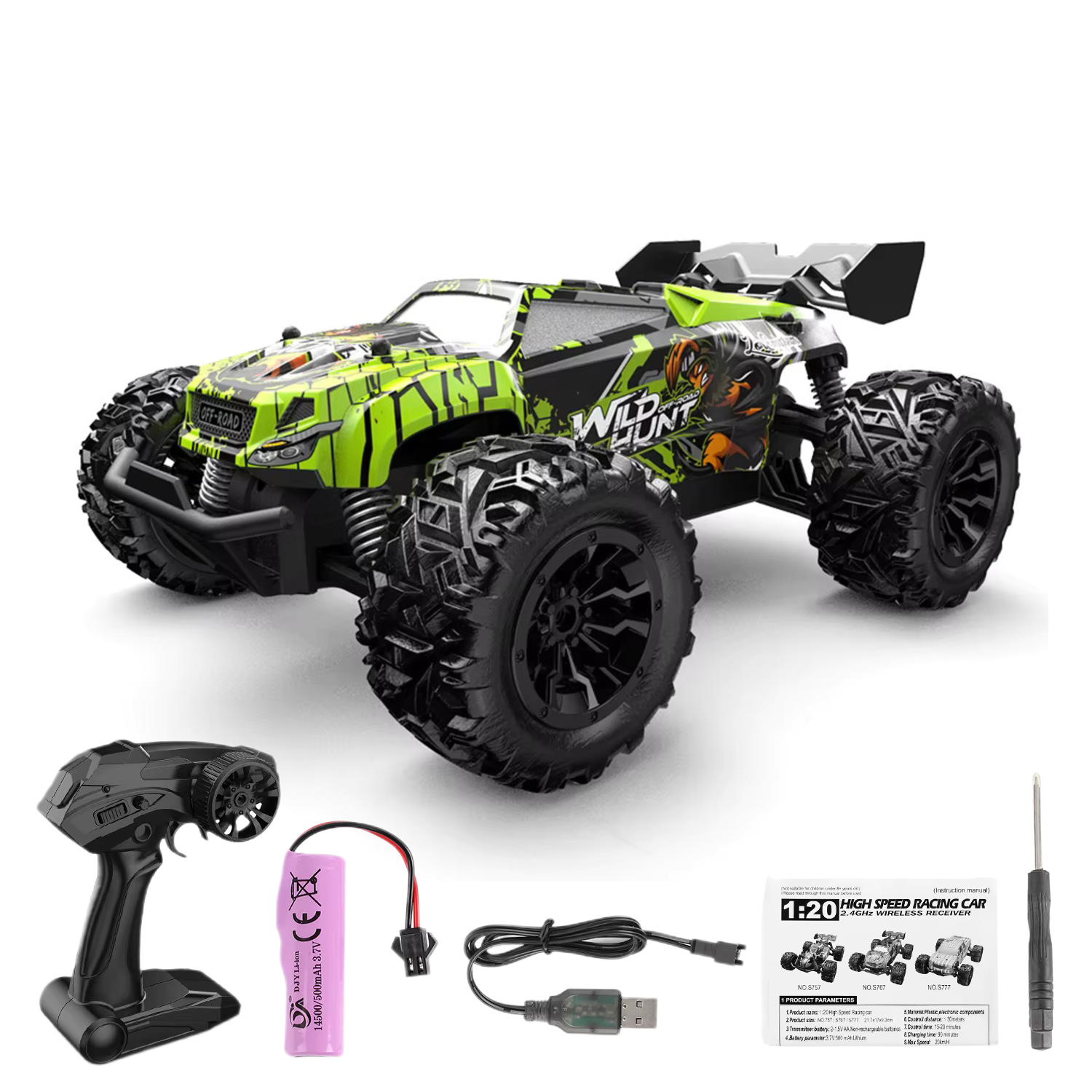 RC Car, 1:20 Scale High-Speed Off-Road Monster Truck, 4WD 20 KM/H, 2.4GHz Remote Control, Rechargeable