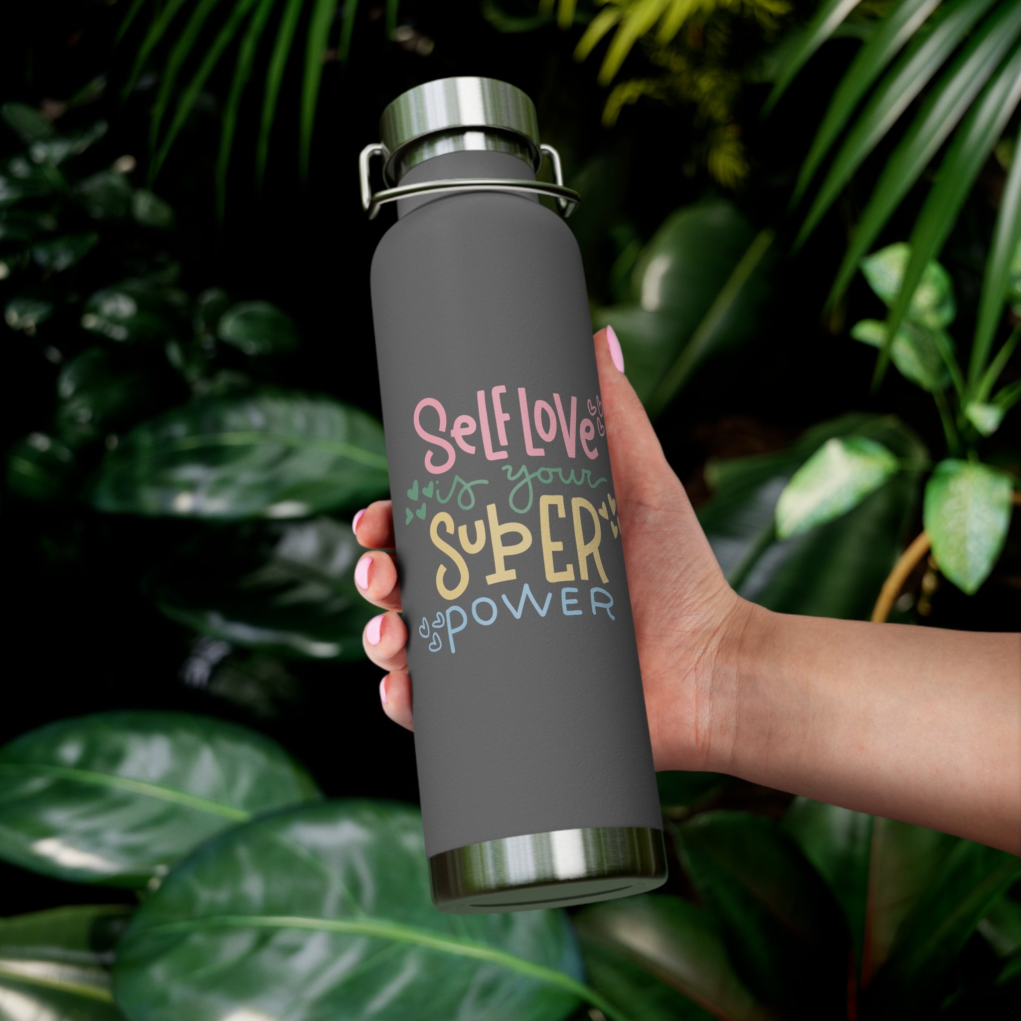 "Self Love Is Your Super Power" Copper Water Bottle, Inspirational Quote, Gift Tumbler, 22oz, Motivational Drinkware, Stainless Steel Thermos