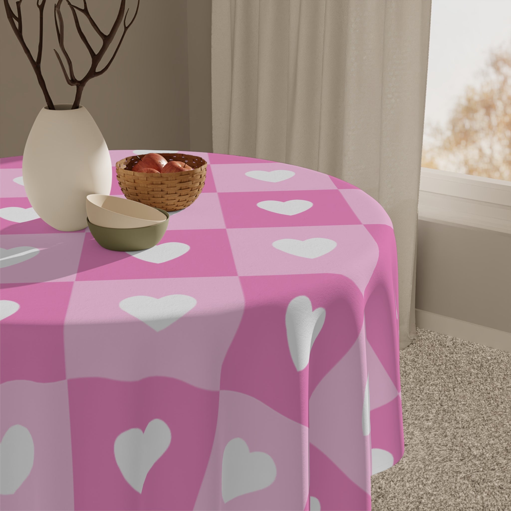 Pink Retro Checkerboard And Hearts Valentine's Day Tablecloth, Romantic Table Cover, Washable Tablecloth for Party, Picnic, Dinner Date Decor, Valentines Day