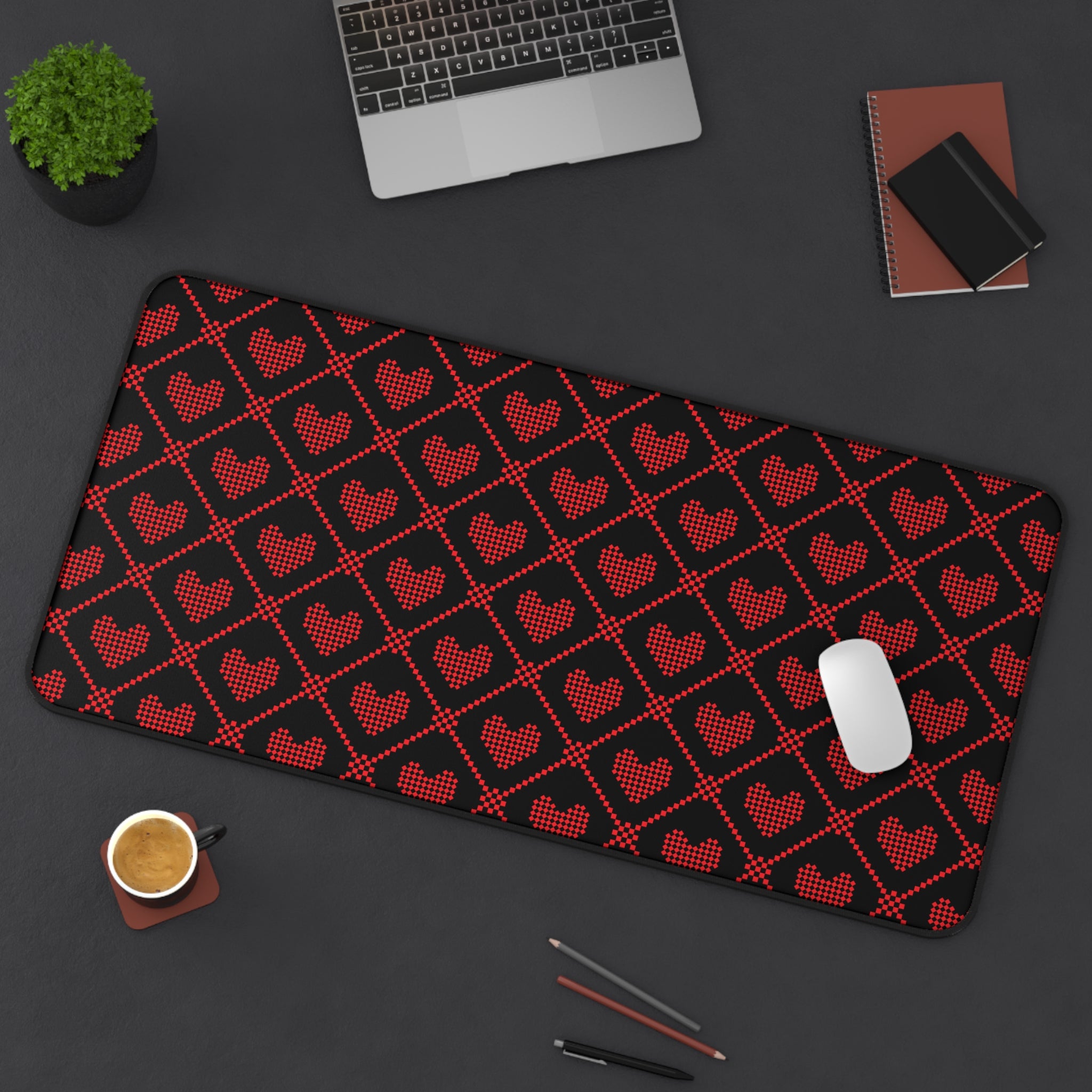 Black Red Pixel Heart Pattern, Valentines Gift, Mouse Pad, Desk Matt for Desktop, Cute Desk Pad Mat, XXL Large Mouse Pad for Desk, Anti-Slip Big Mousepad with Stitched Edges, Keyboard Pad Mouse Mat for Computer