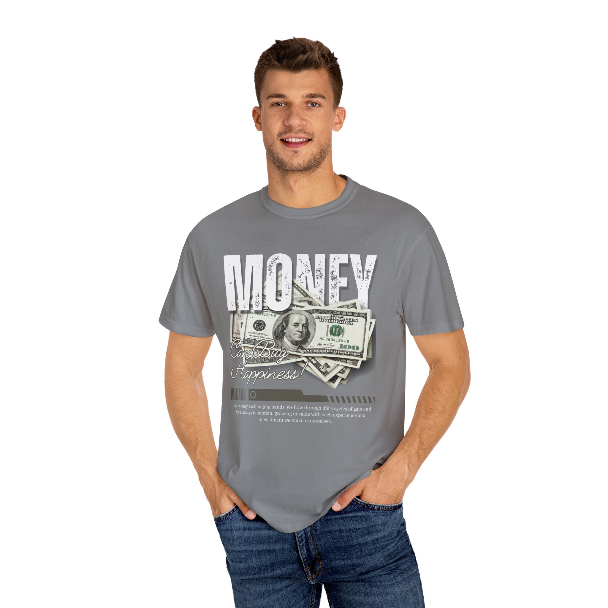 Money Can Buy Happiness, Graphic Design Unisex T-shirt, Casual Cotton Outwear, Gift for Him- Gift for Her, Stylish Tee, Cool Shirt, Trendy Apparel, Comfortable Top,