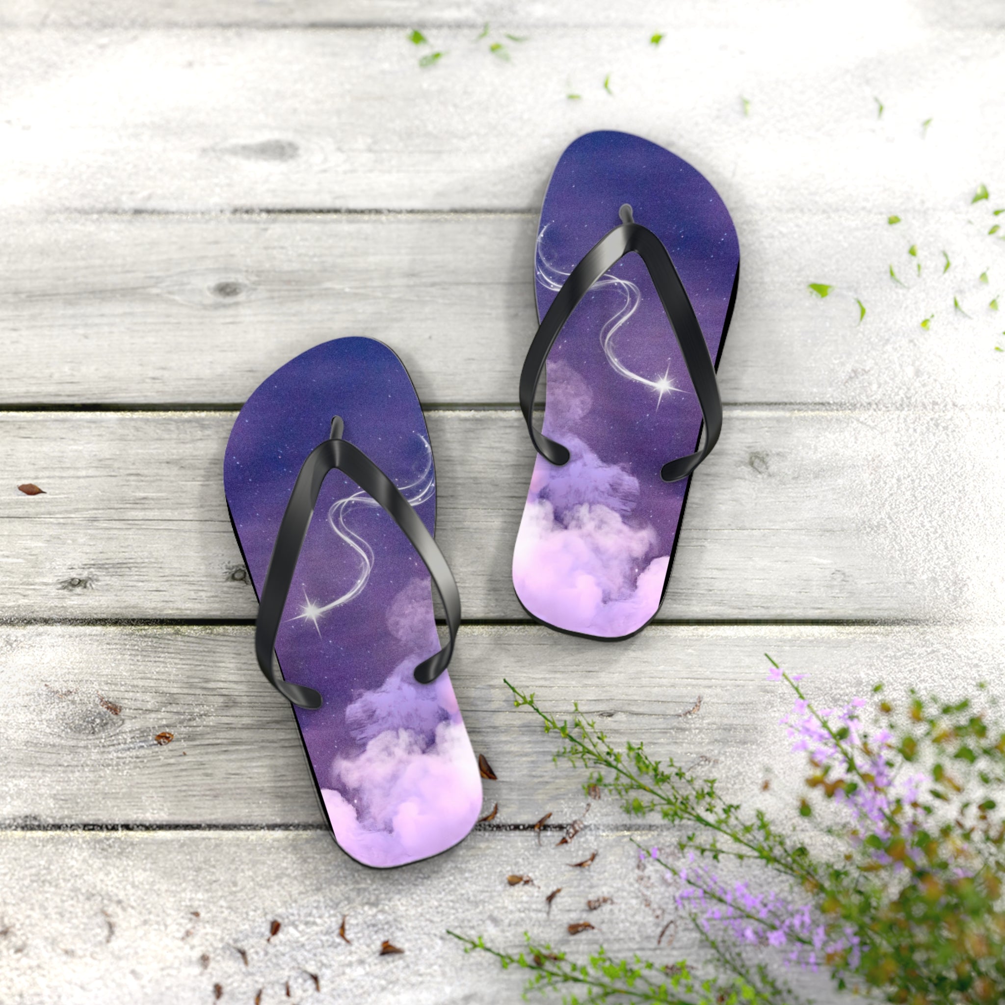 Purple Pink Magic Stars Design, Flip Flops for Women, Cute Designs, Everyday Use, Indoor Sleepers