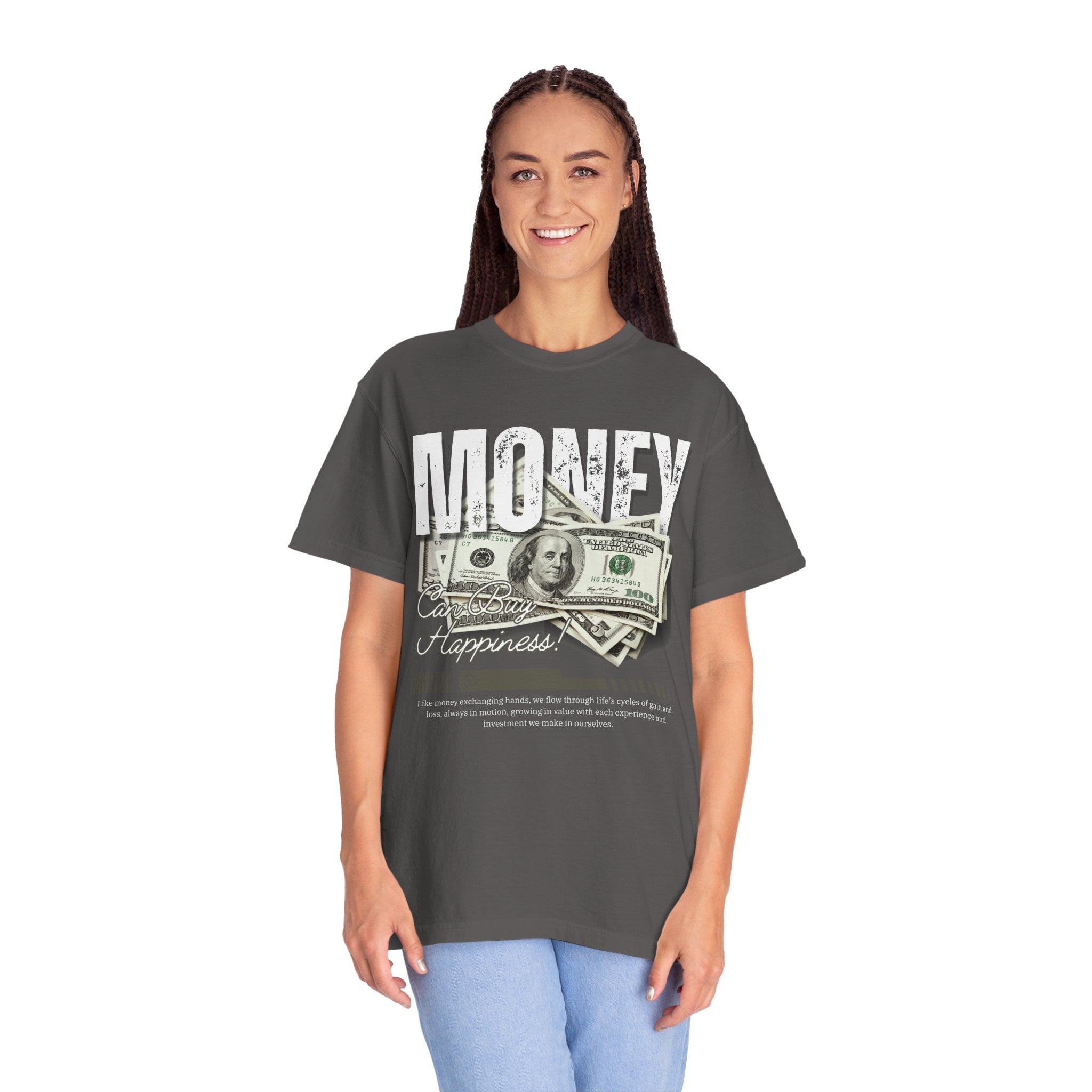 Money Can Buy Happiness, Graphic Design Unisex T-shirt, Casual Cotton Outwear, Gift for Him- Gift for Her, Stylish Tee, Cool Shirt, Trendy Apparel, Comfortable Top,