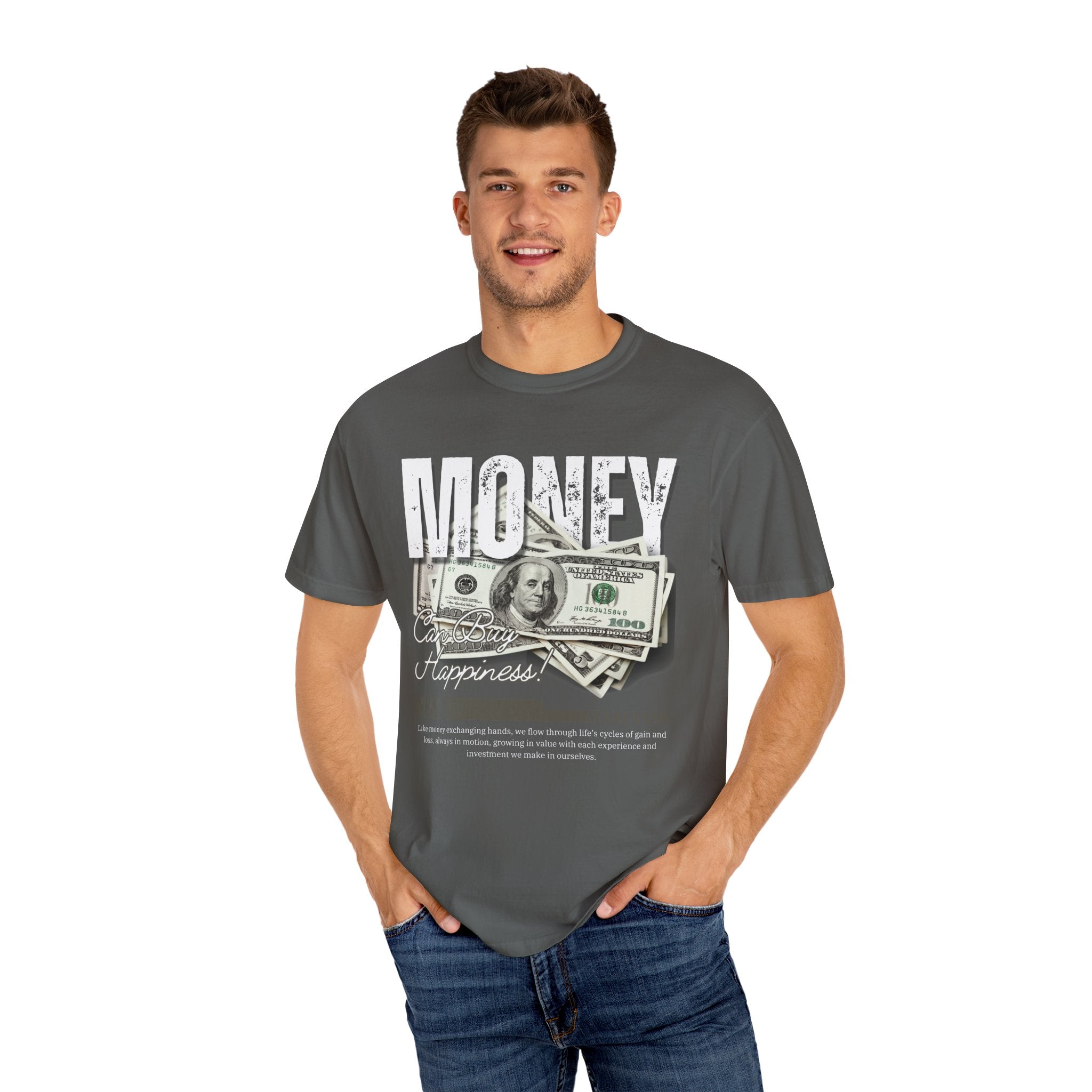 Money Can Buy Happiness, Graphic Design Unisex T-shirt, Casual Cotton Outwear, Gift for Him- Gift for Her, Stylish Tee, Cool Shirt, Trendy Apparel, Comfortable Top,