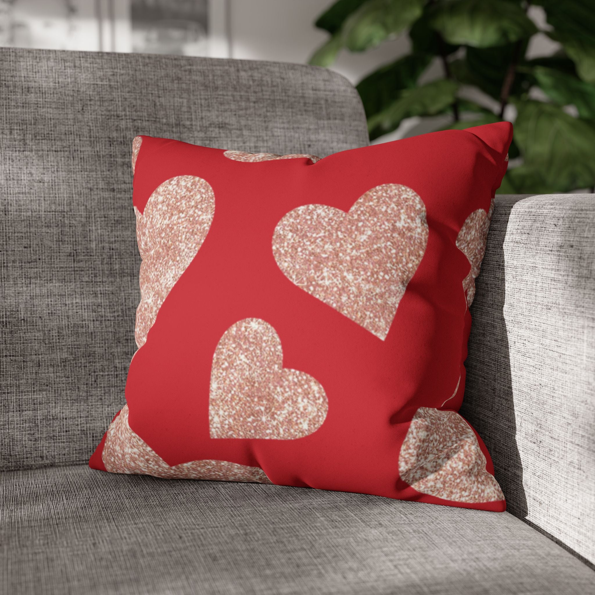 Square Pillowcase - Red and Gold Heart - Decorative Pillows Cushion Covers for Couch Chair Bedroom Valentines Decorative, Faux Suede, Home Decor