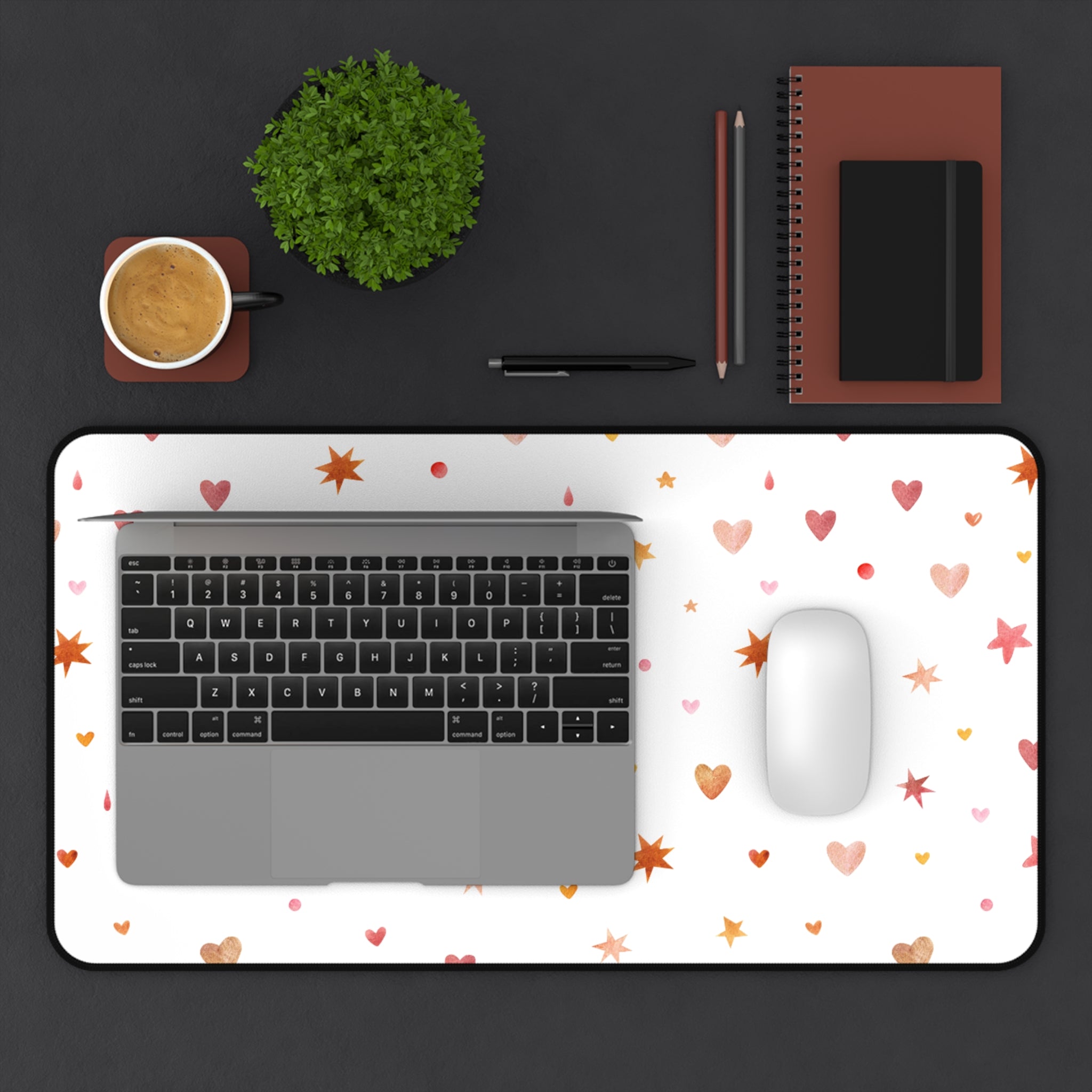 Beige And White Cute Hearts Dots And Stars, Valentines Gift, Mouse Pad, Desk Matt for Desktop, Cute Desk Pad Mat, XXL Large Mouse Pad for Desk, Anti-Slip Big Mousepad with Stitched Edges, Keyboard Pad Mouse Mat for Computer