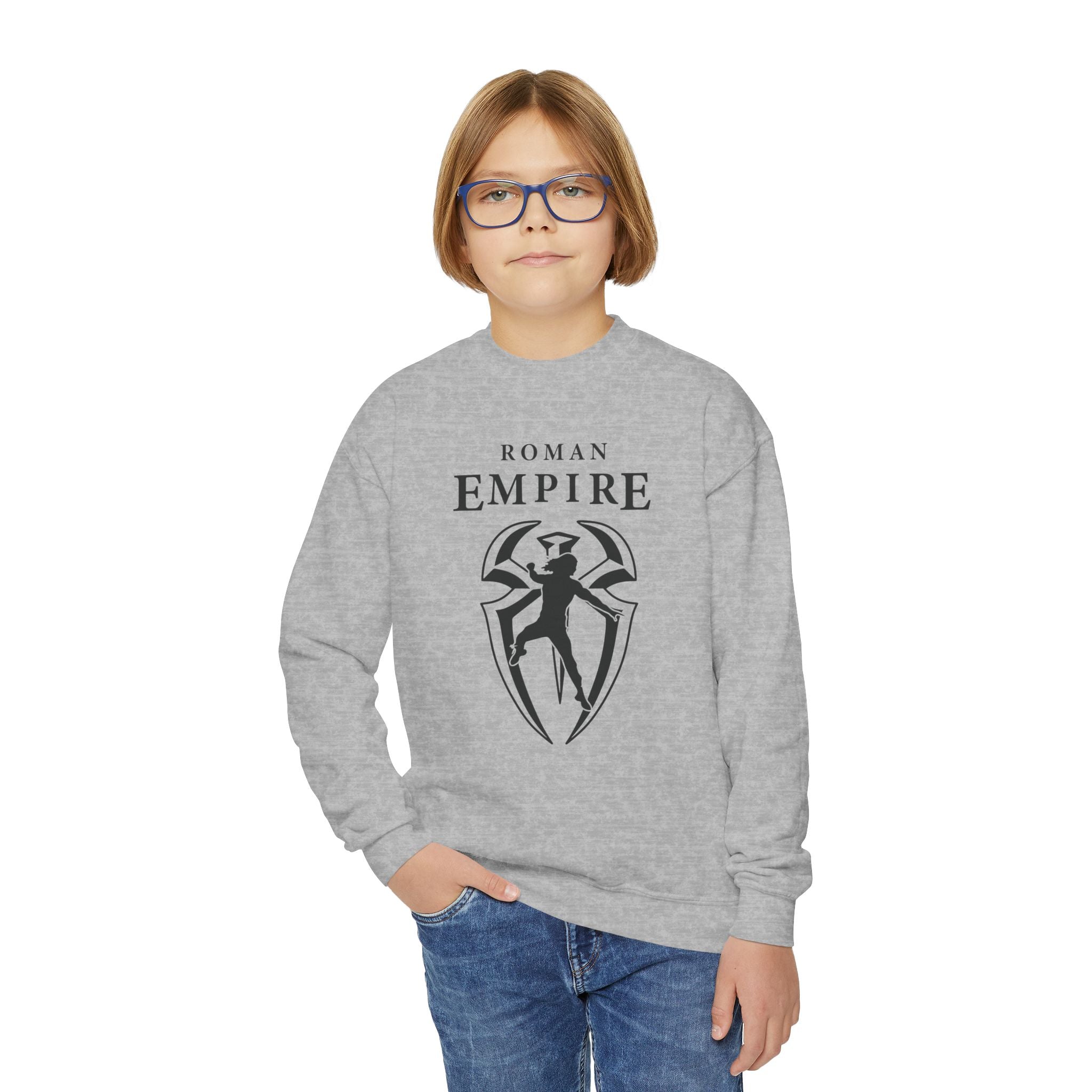 Roman Empire, Roman Reigns Jump Graphic Logo Design, Youth Sports Fan Crewneck Sweatshirt for Kids, Perfect Gift for Kids, Unisex Sweatshirt, Casual Outwear